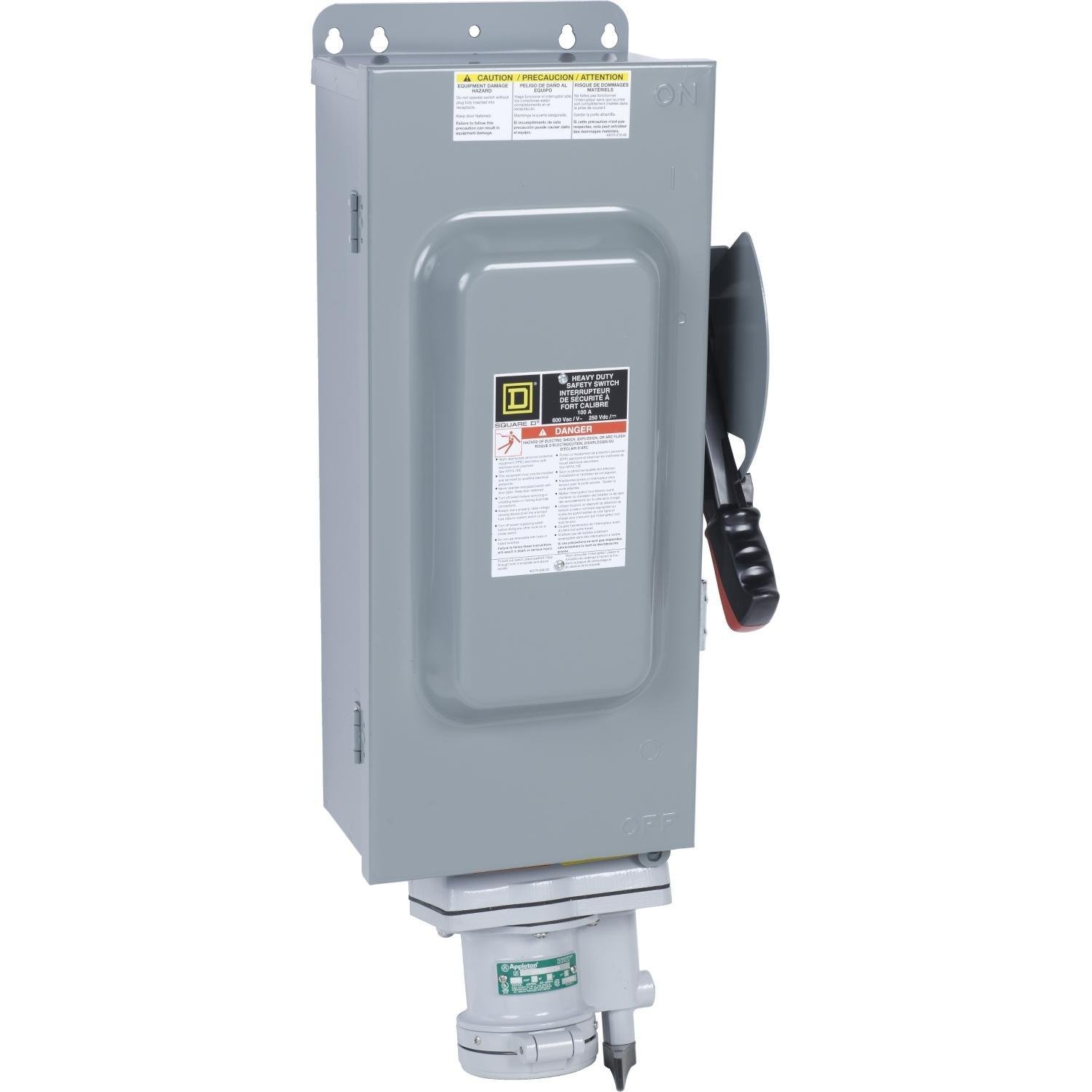 H363AWA - Safety switch, heavy duty, fusible, 100A, 600VAC/DC, 3 poles, 75HP, NEMA 12K, Appleton Powertite receptacle