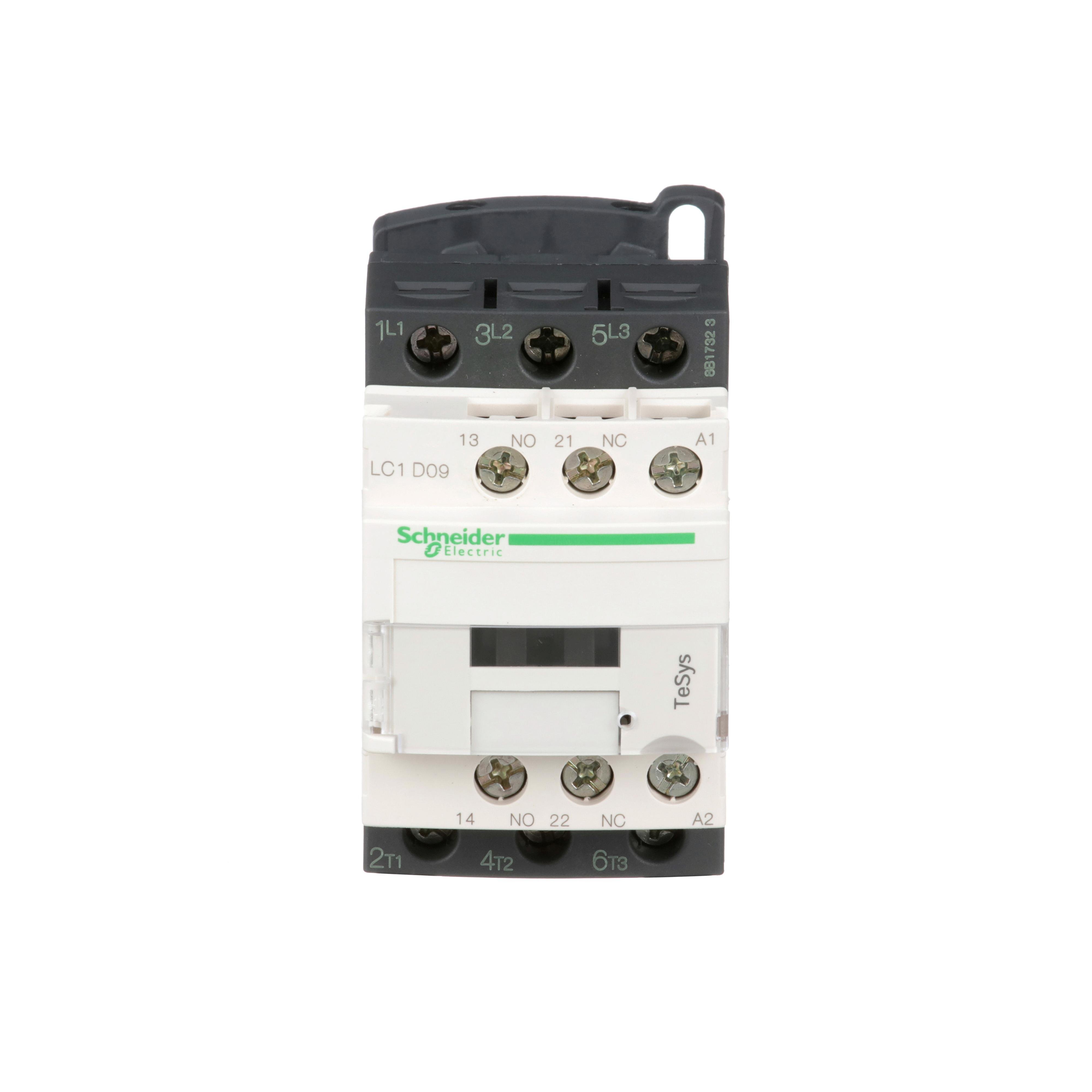 LC1D09T7 - IEC contactor, TeSys Deca, nonreversing, 9A, 5HP at 480VAC, up to 100kA SCCR, 3 phase, 3 NO, 80VAC 50/60Hz coil, open style