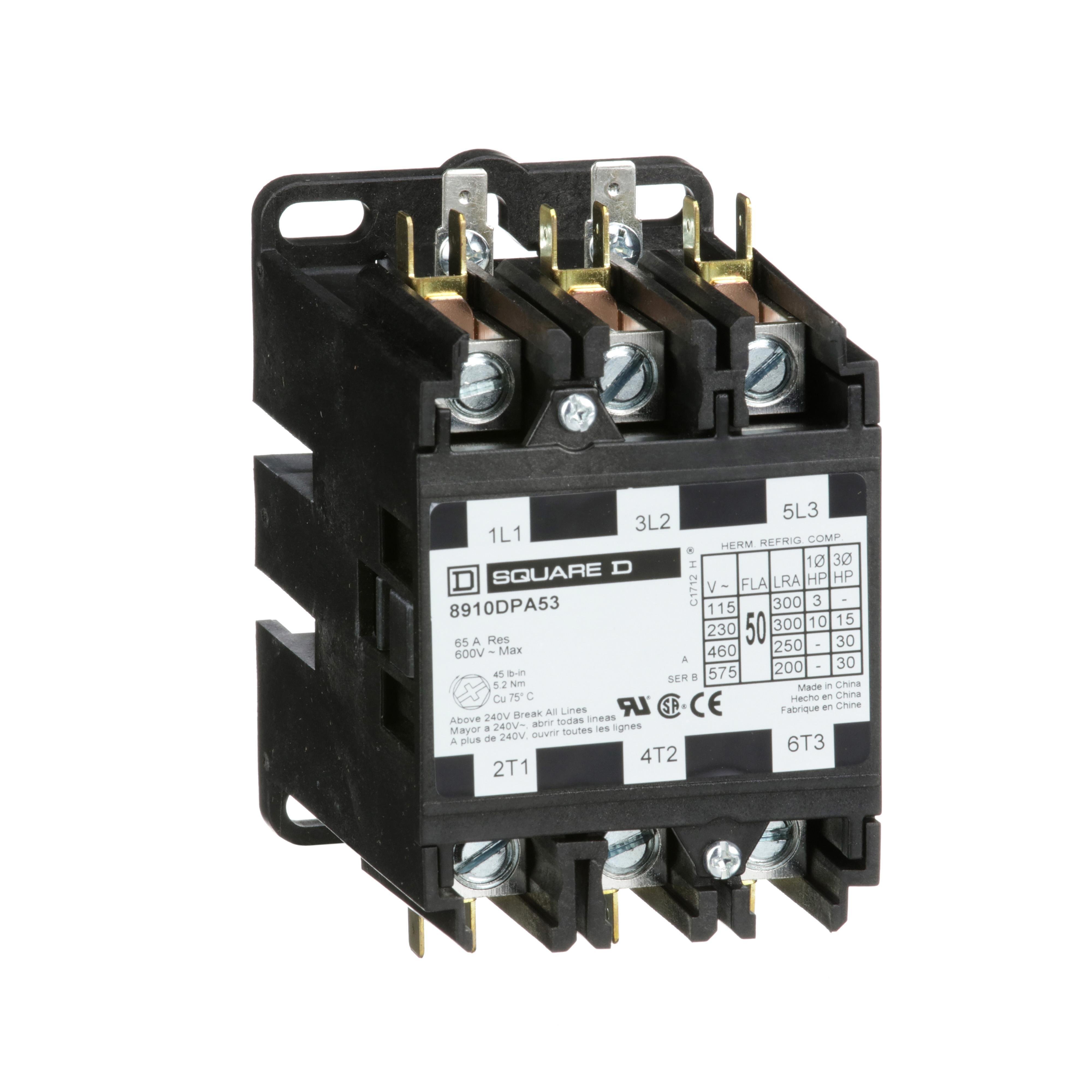 8910DPA53V06 - Contactor, Definite Purpose, 50A, 3 pole, 30HP at 575VAC, 3 phase, 440/480VAC 50/60Hz coil, open