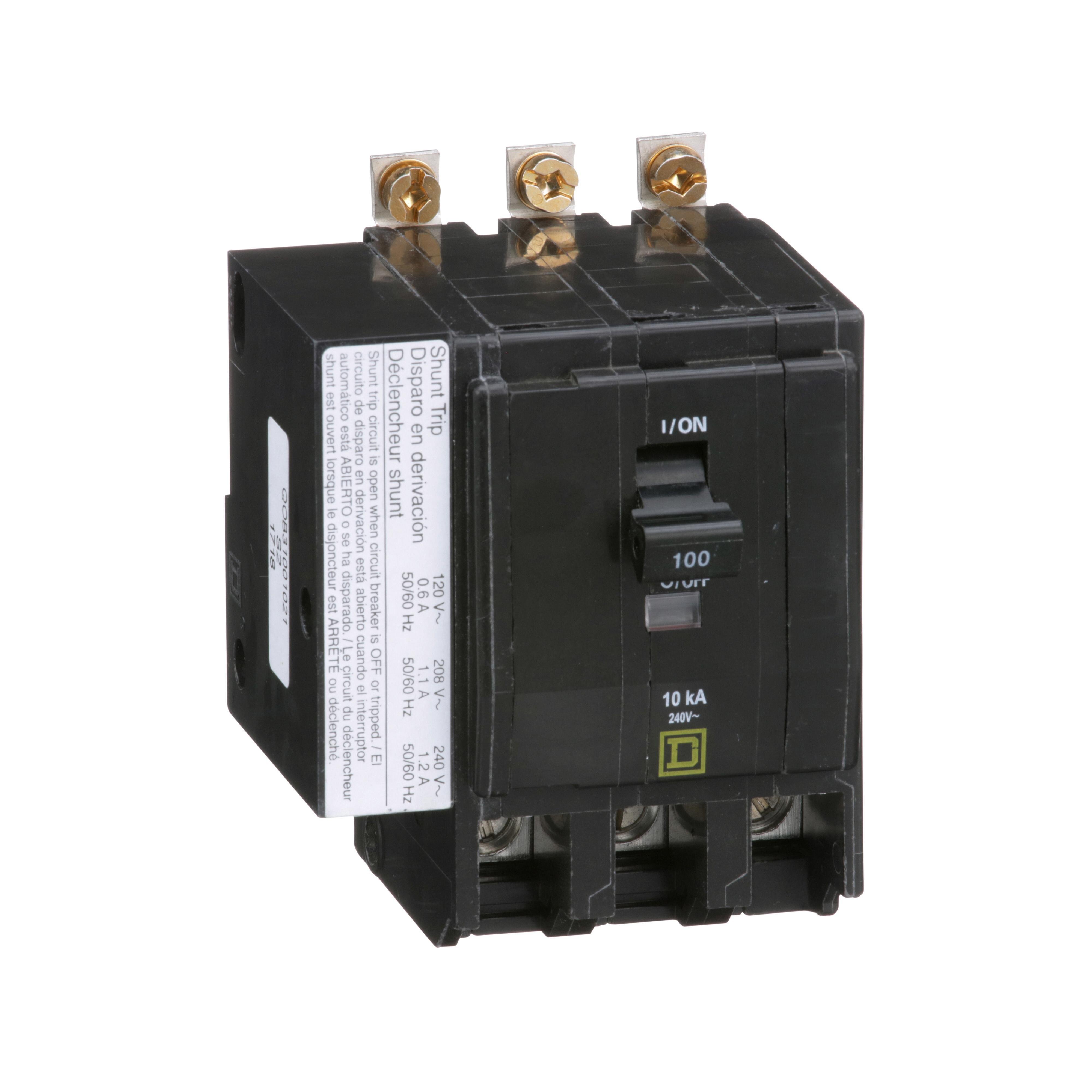 Picture of QOB31001021 - Mini circuit breaker, QO, 100A, 3 pole, 120/240VAC, 10kA, bolt on, AC shunt