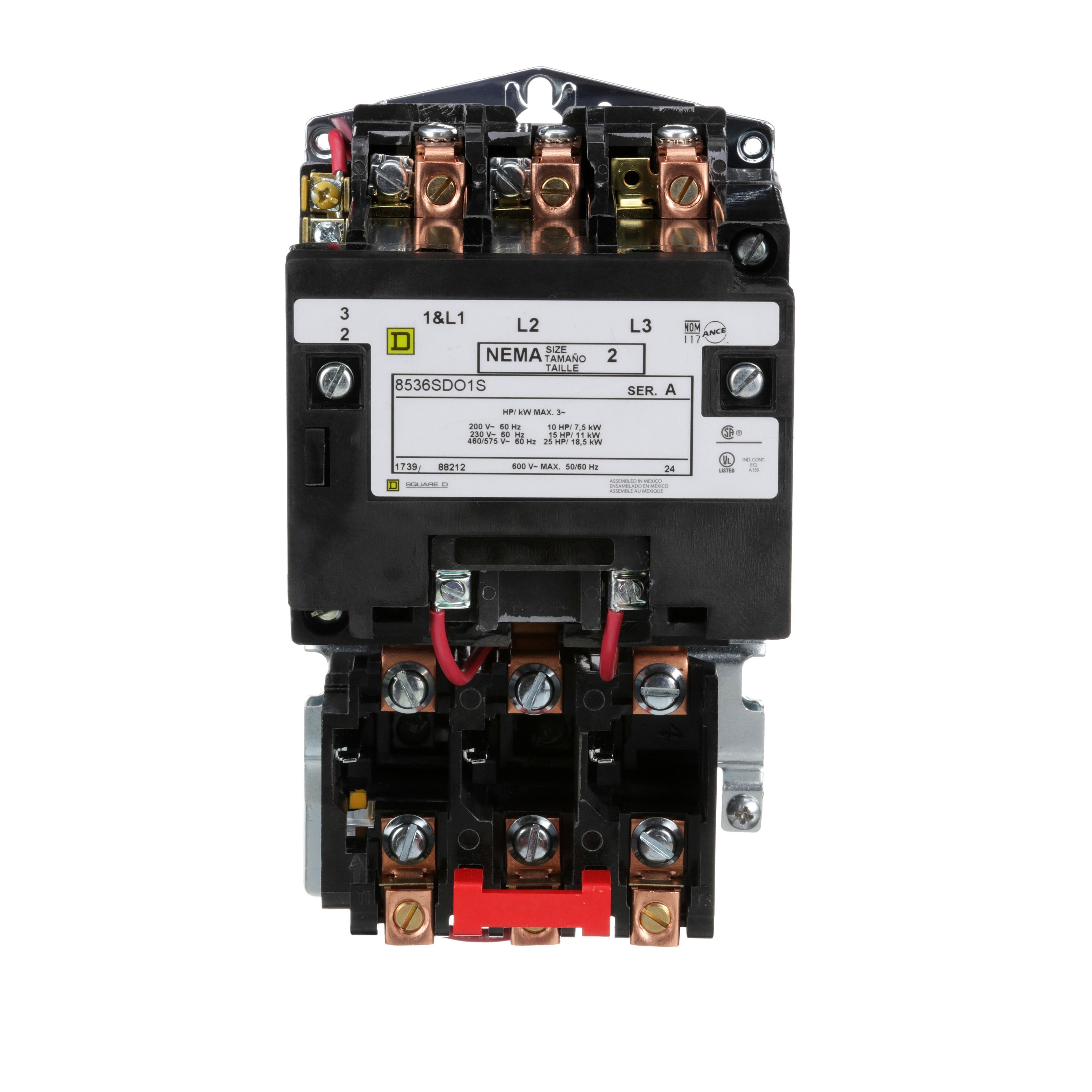 8536SDO1V01S - NEMA Motor Starter, Type S, nonreversing, Size 2, 45A, 25 HP at 460 VAC, 5 kA SCCR, 3 phase, 3 pole, melting alloy, 24 VAC coil, open [TAA]