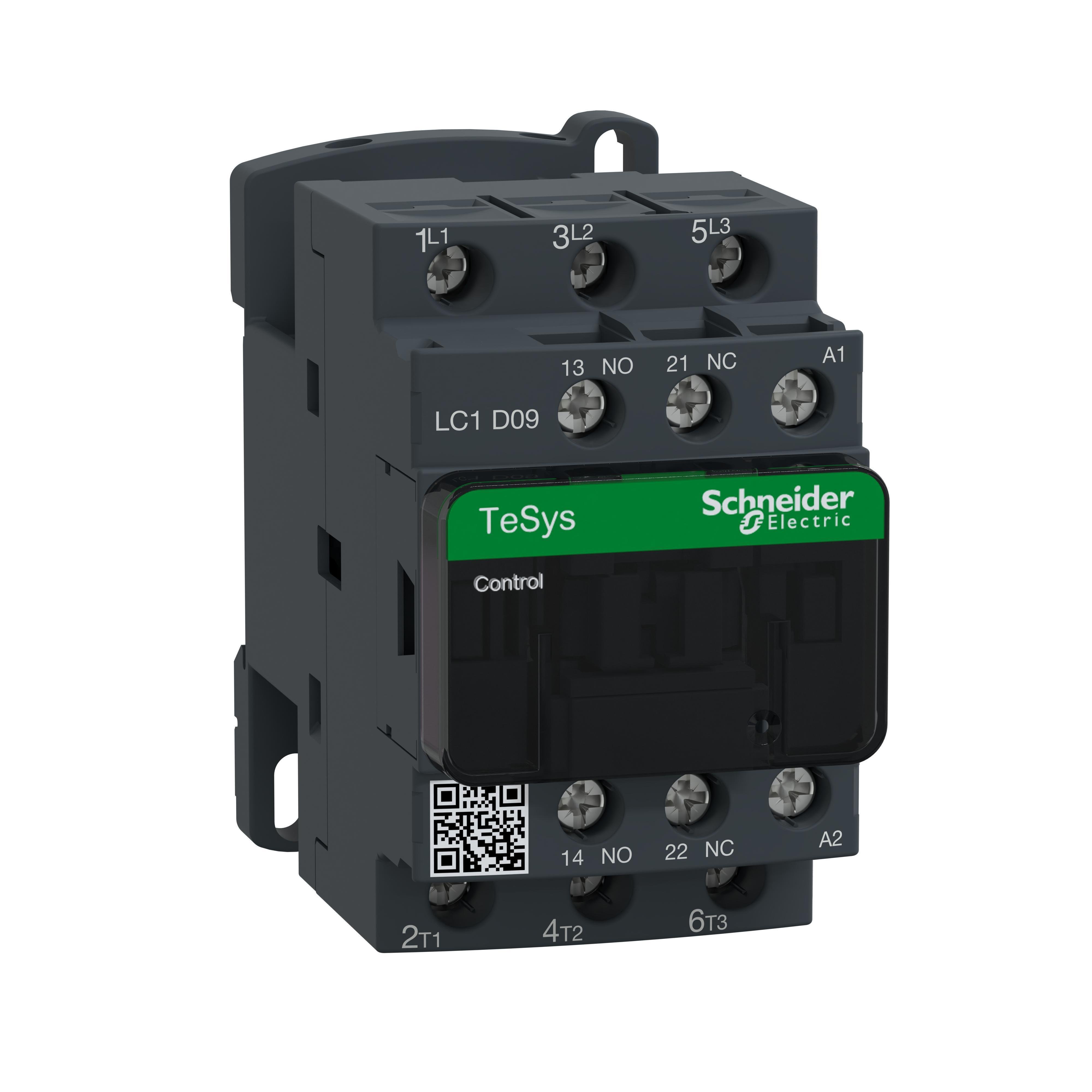 Picture of LC1D09LE7 - IEC contactor, TeSys Deca, nonreversing, 9A, 5HP at 480VAC, up to 100kA SCCR, 3 phase, 3 NO, 208VAC 50/60Hz coil, open style