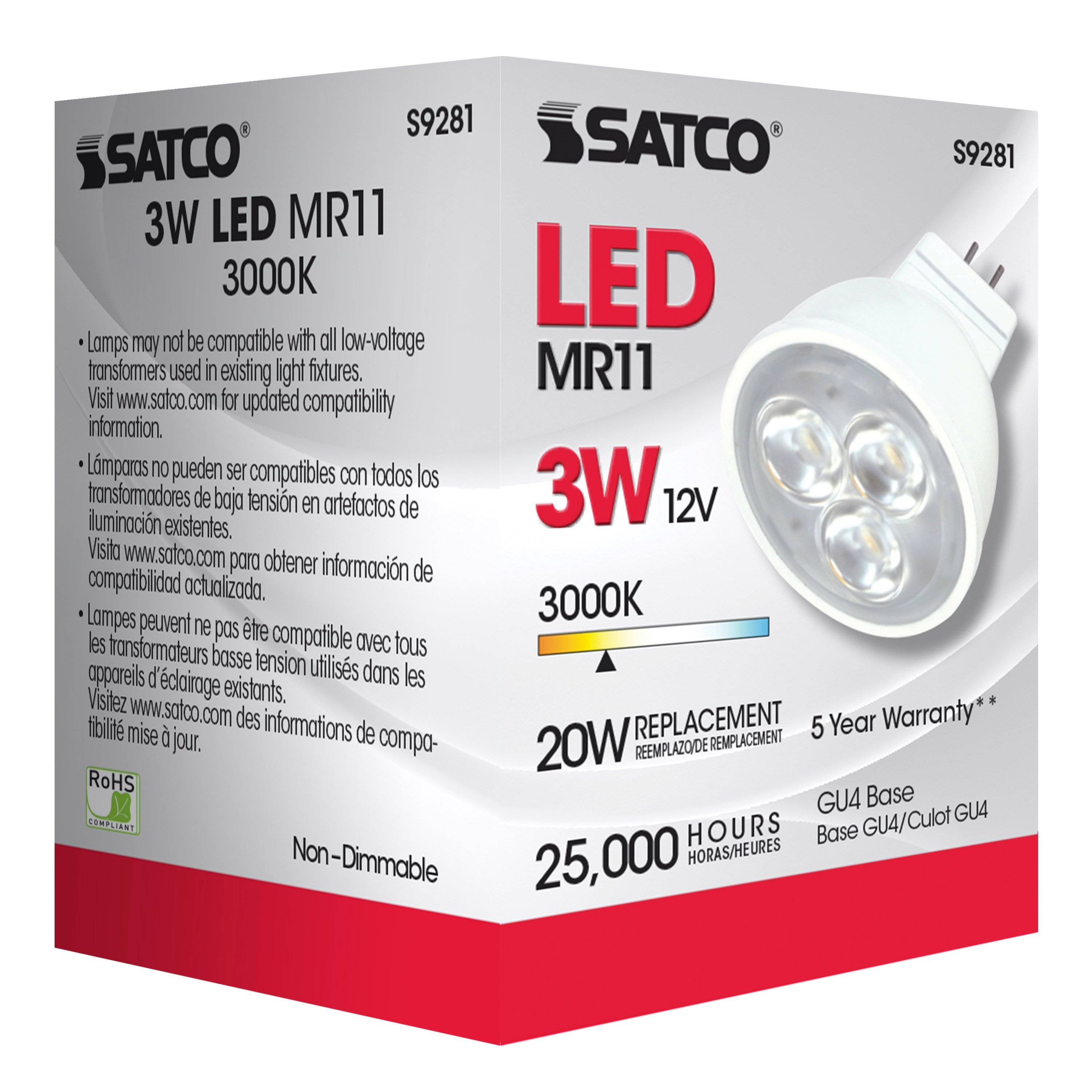 Picture of S9281 - 3W - LED - MR11 - 3000K - 25 deg. beam spread - 25000 Average rated hours - 210 Lumens - GU4 base - 12 Volt AC/DC