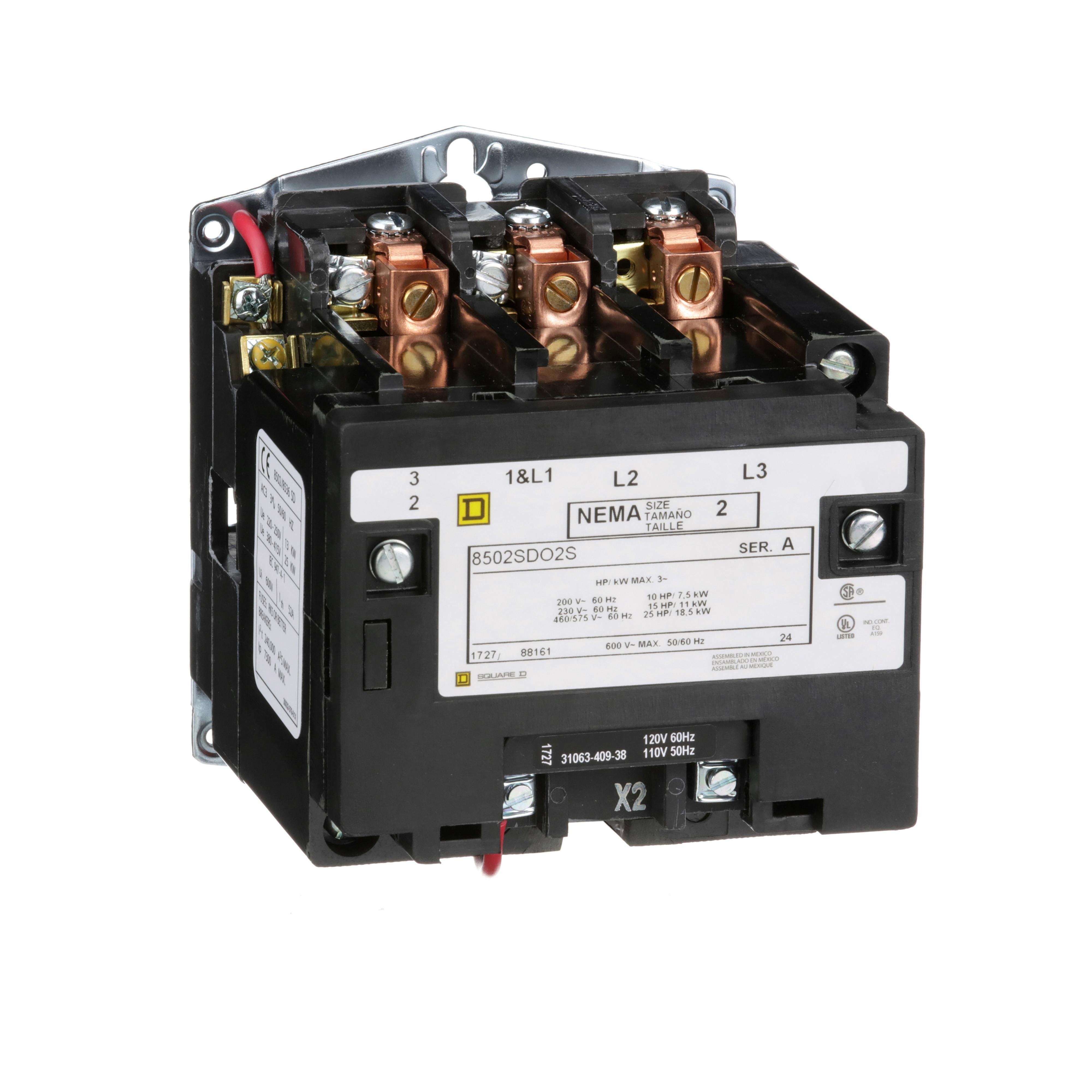 8502SDO2V08 - NEMA Contactor, Type S, nonreversing, Size 2, 45A, 25HP at 575VAC, 3 phase, up to 100kA, 3 pole, 208VAC coil, open [TAA]