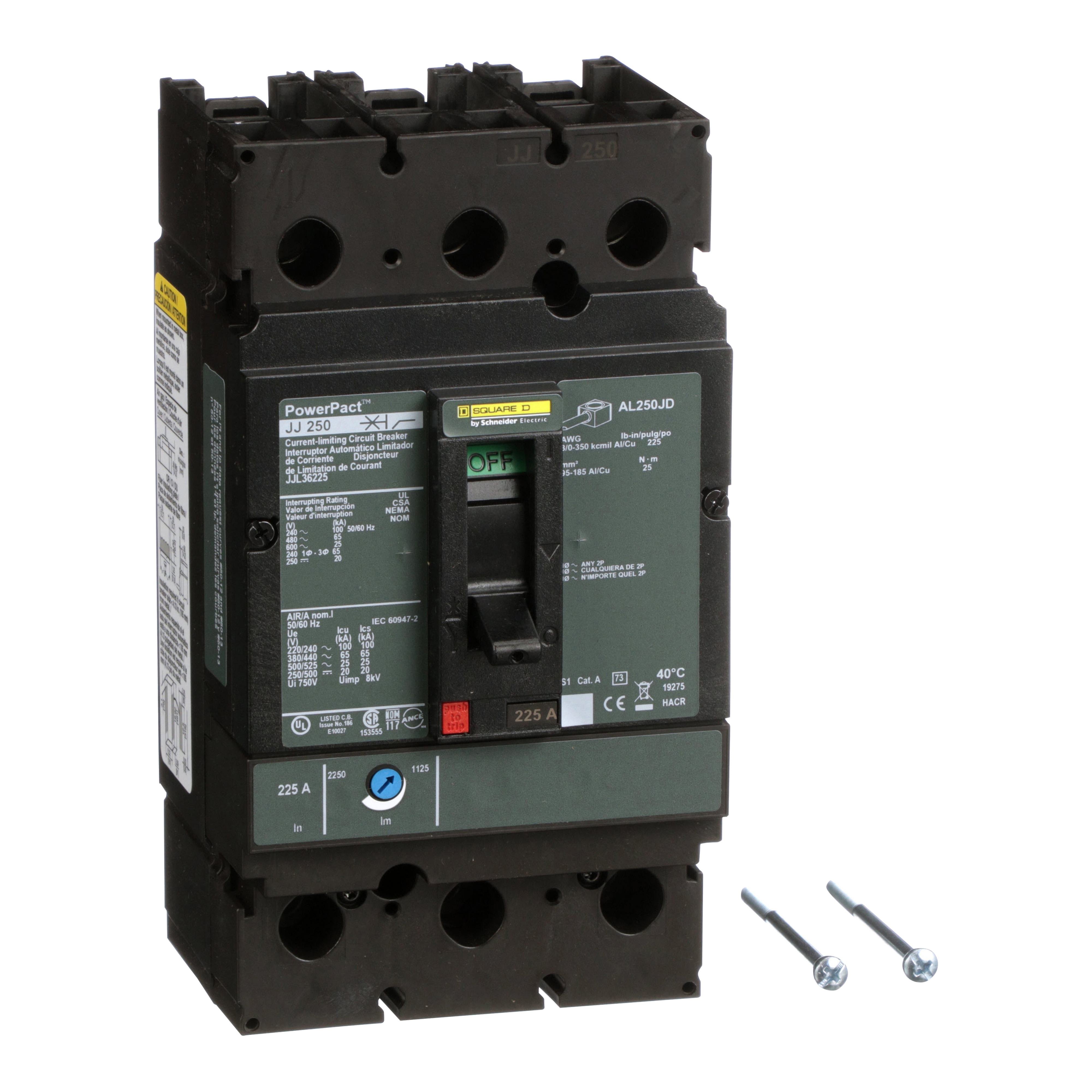 JJL36225 - Circuit breaker, PowerPacT J, 225A, 3 pole, 600VAC, 25kA, lugs, thermal magnetic, 80%