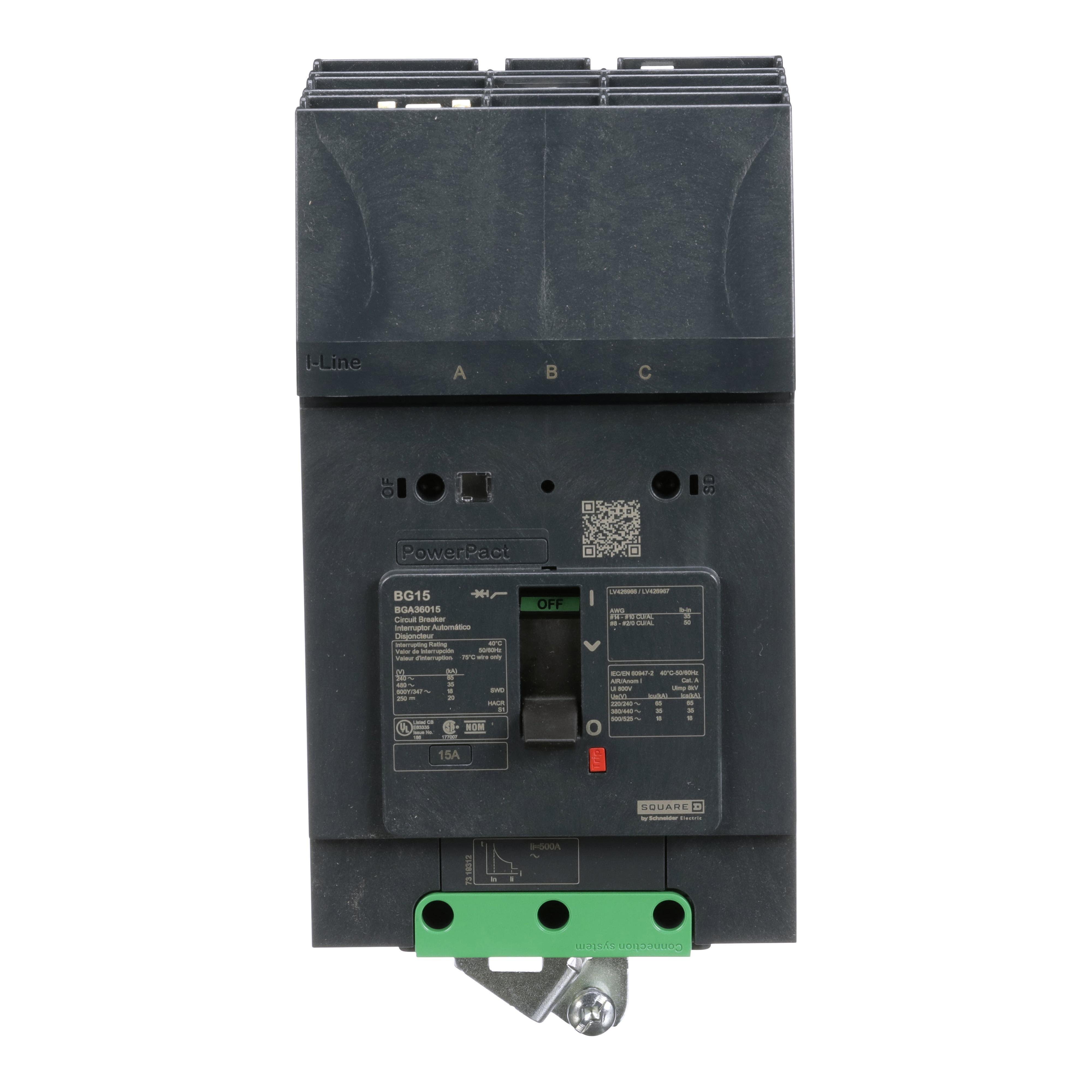 BGA36015 - Circuit breaker, PowerPacT B, 15A, 3 pole, 600Y/347VAC, 18kA, I-Line, thermal magnetic, 80%, ABC