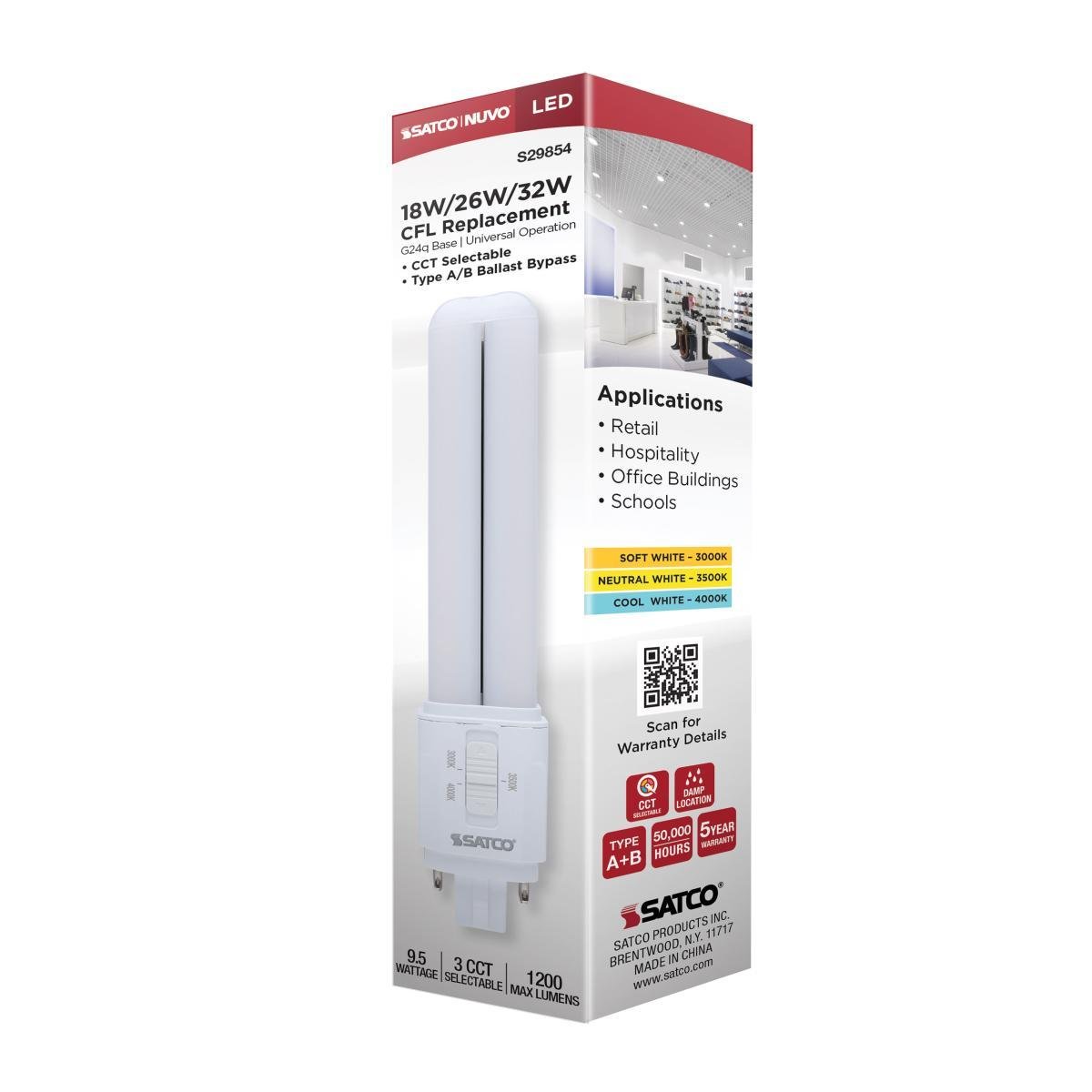 Picture of S29854 - 9.5 Watt LED PL - 30K/35K/40K CCT Selectable - G24q Base - Type A/B - 120-277 Volt