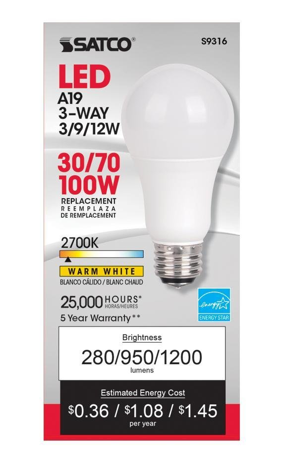 Picture of S9316 - 3 Watt/9 Watt/12 Watt - A19 LED - 3-way - Frosted - 2700K - Medium base - 220 deg. Beam Angle - 120 Volt