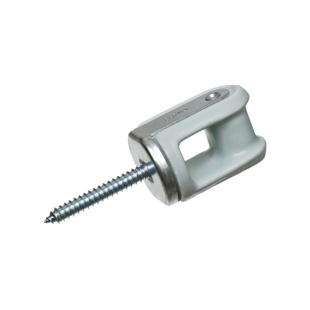 616 - Porcelain and Galvanized Steel wire holder with rivited screw through head. Screw Size - 2-1/4 lag screw. Rivet strap on