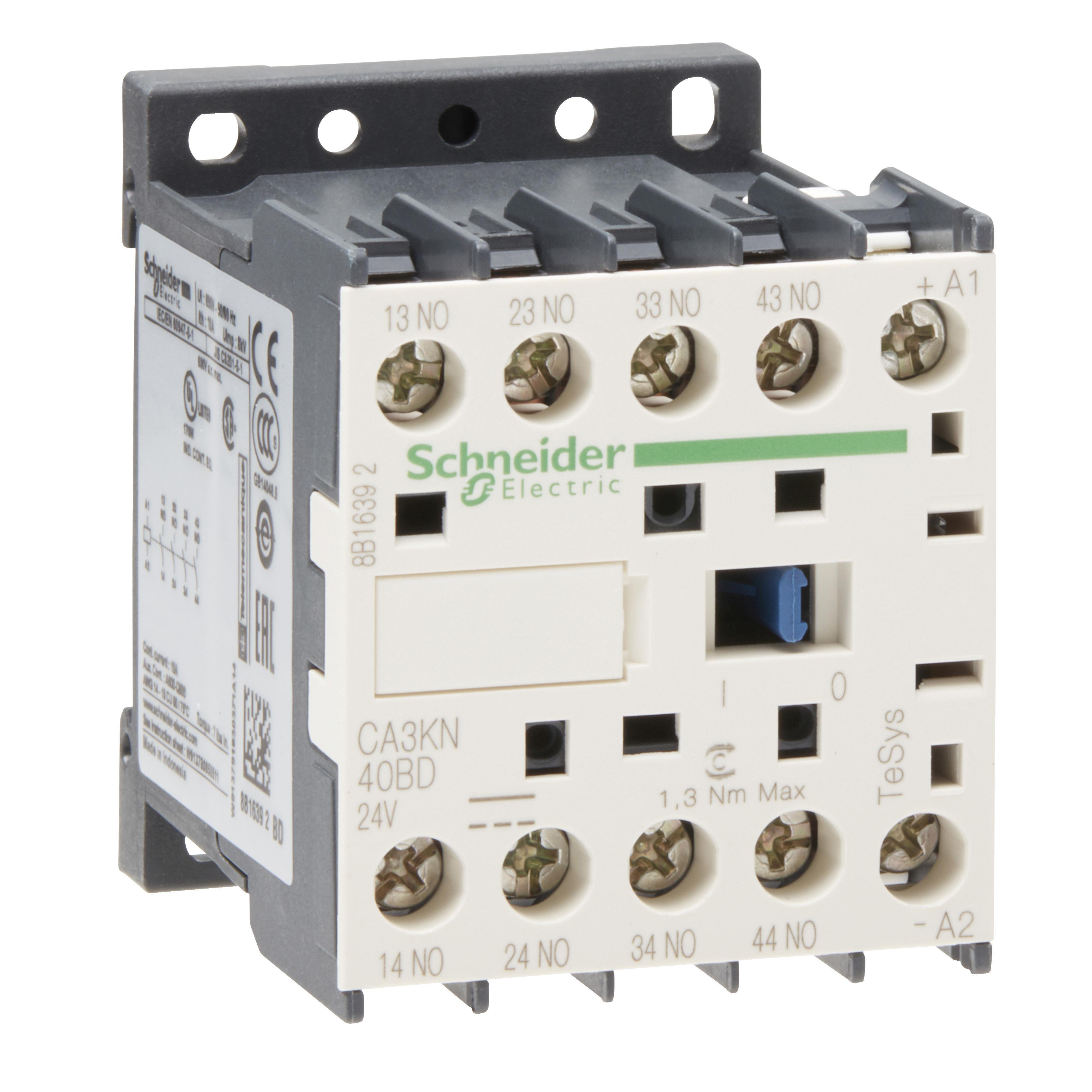 Picture of CA3KN40BD - Control relay, TeSys K, 4 NO, lt or eq to 690V, 24VDC standard coil