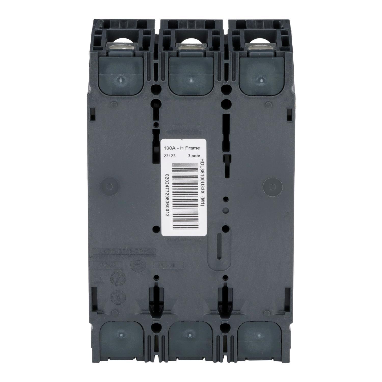 Picture of HDL36100U33X - Circuit breaker, PowerPacT H, 100A, 3 pole, 600VAC, 14kA, lugs, Micrologic 3.2S, 80%