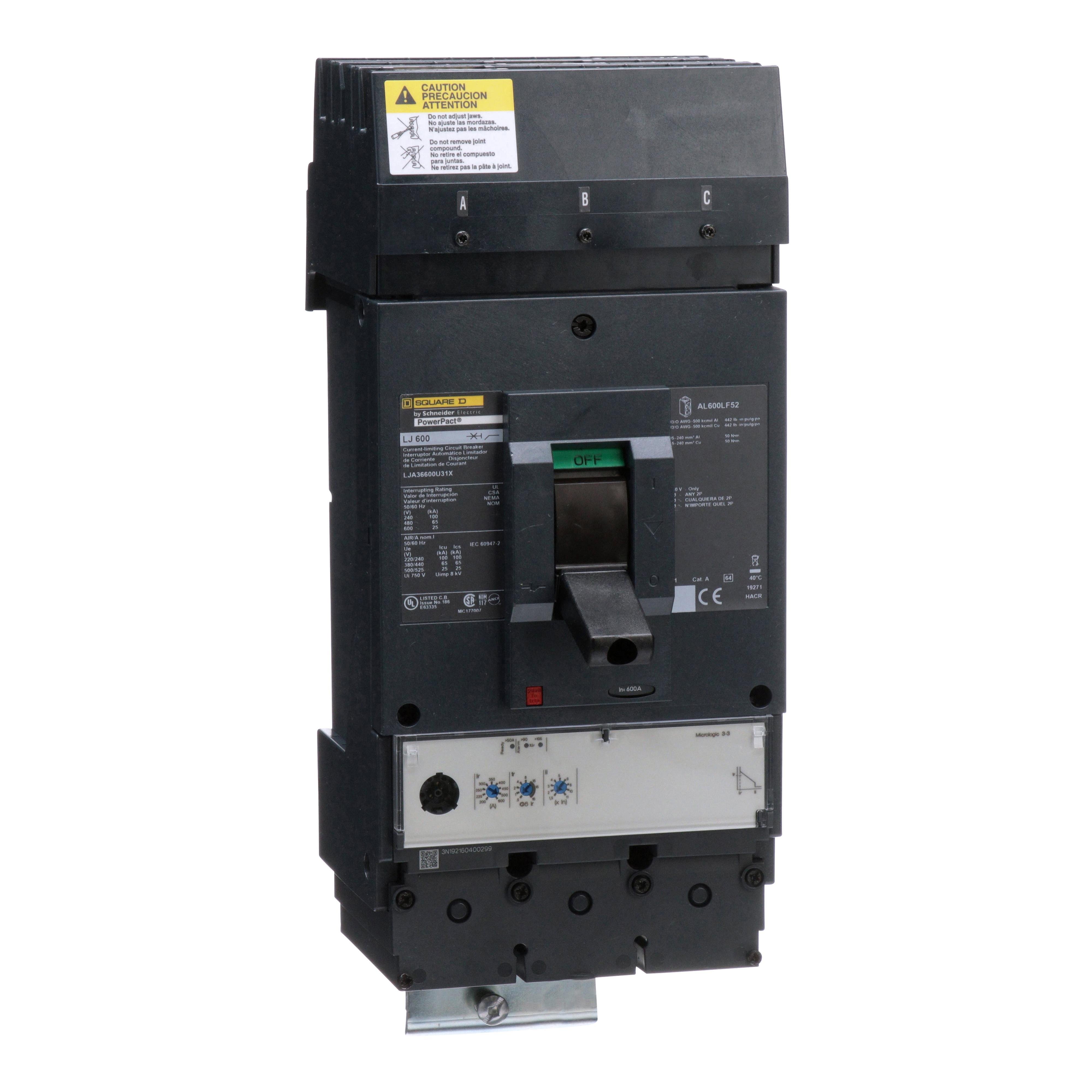 LJA36600U31X - Circuit breaker, PowerPacT L, 600A, 3 pole, 600VAC, 25kA, I-Line, MicroLogic 3.3, 80%, ABC