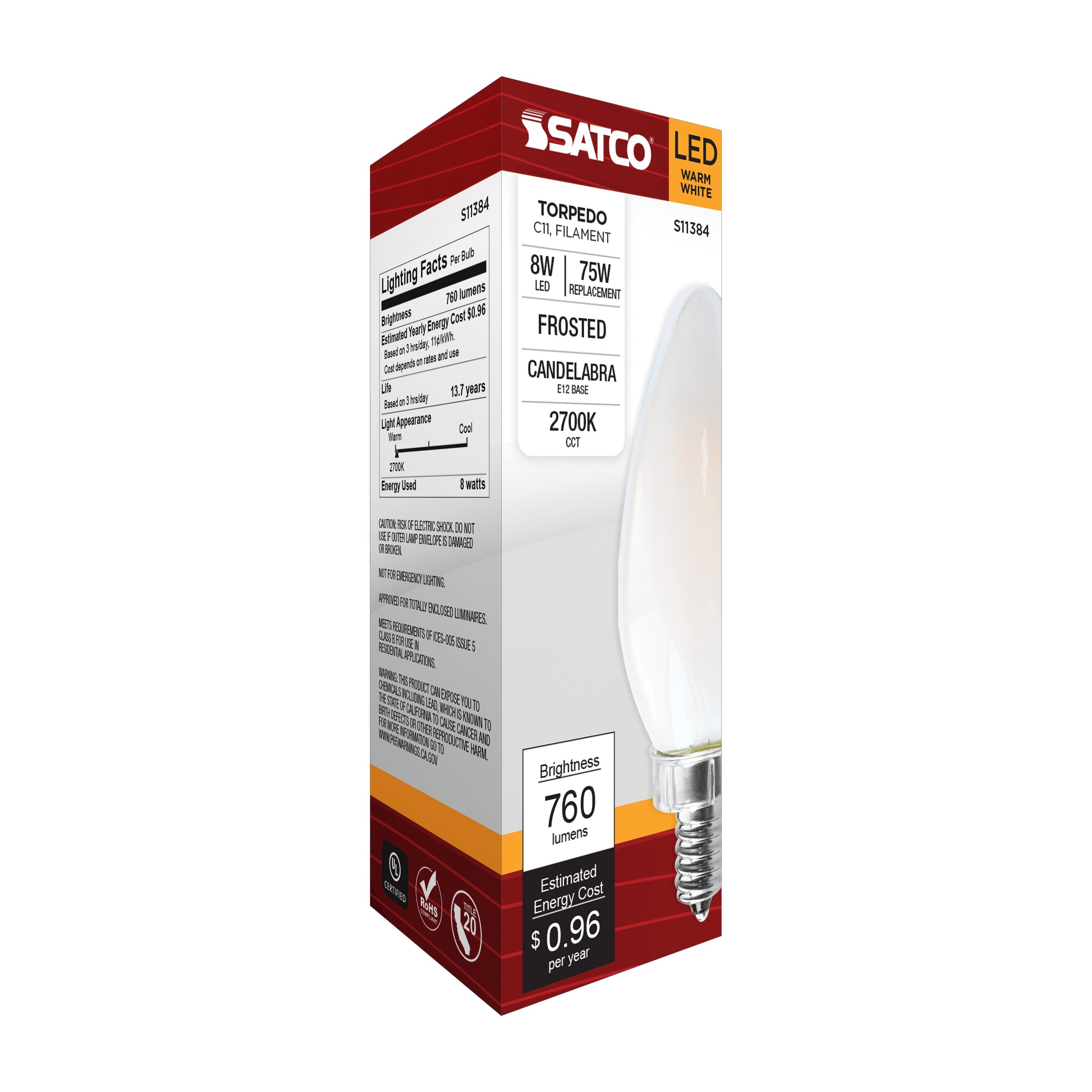 Picture of S11384 - 8 Watt C11 LED - Frosted - Candelabra base - 2700K - 90 CRI - 760 Lumens - 120 Volt