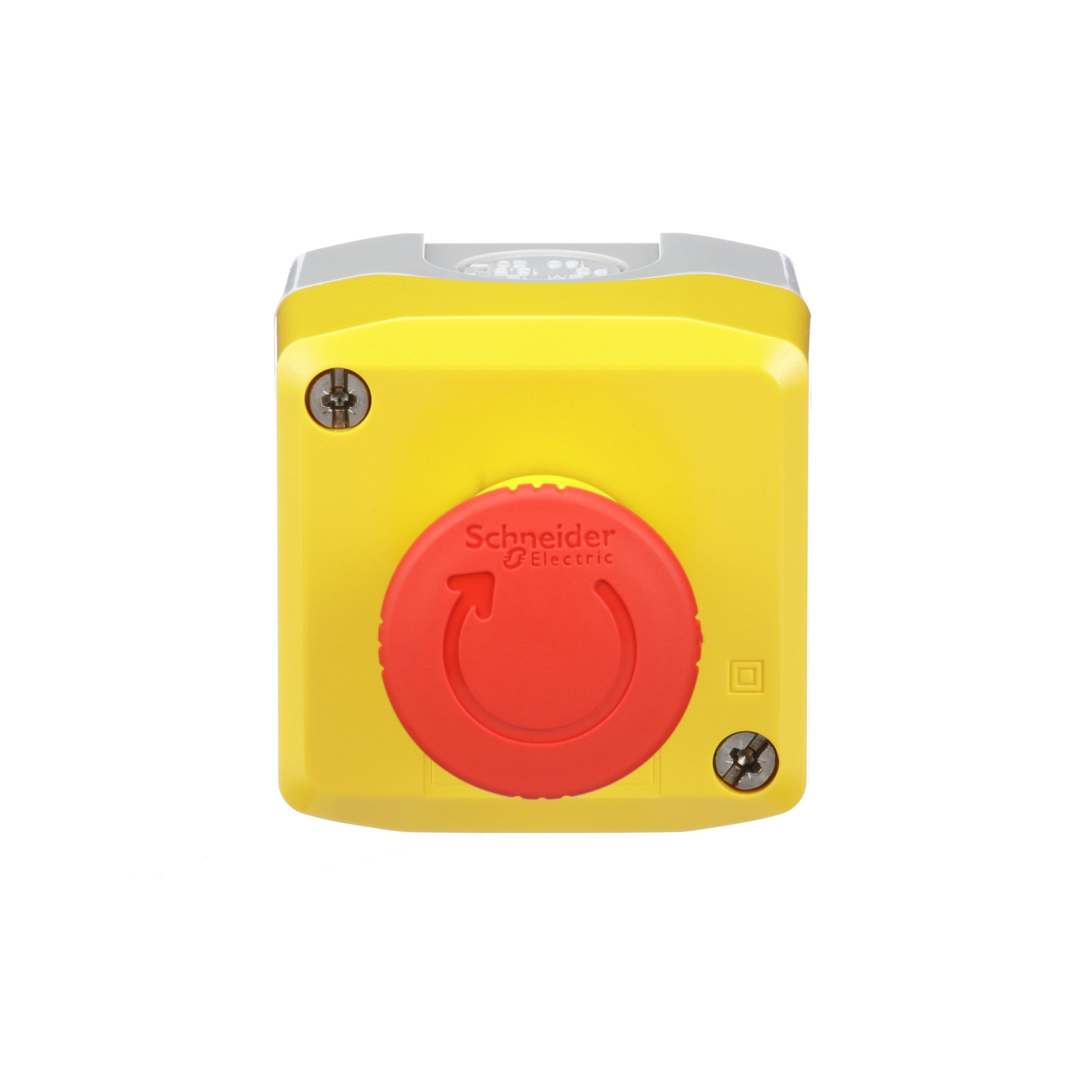 XALK178H7 - Harmony, yellow control station, red mushroom head push button, 40 mm turn to release, 1 NC