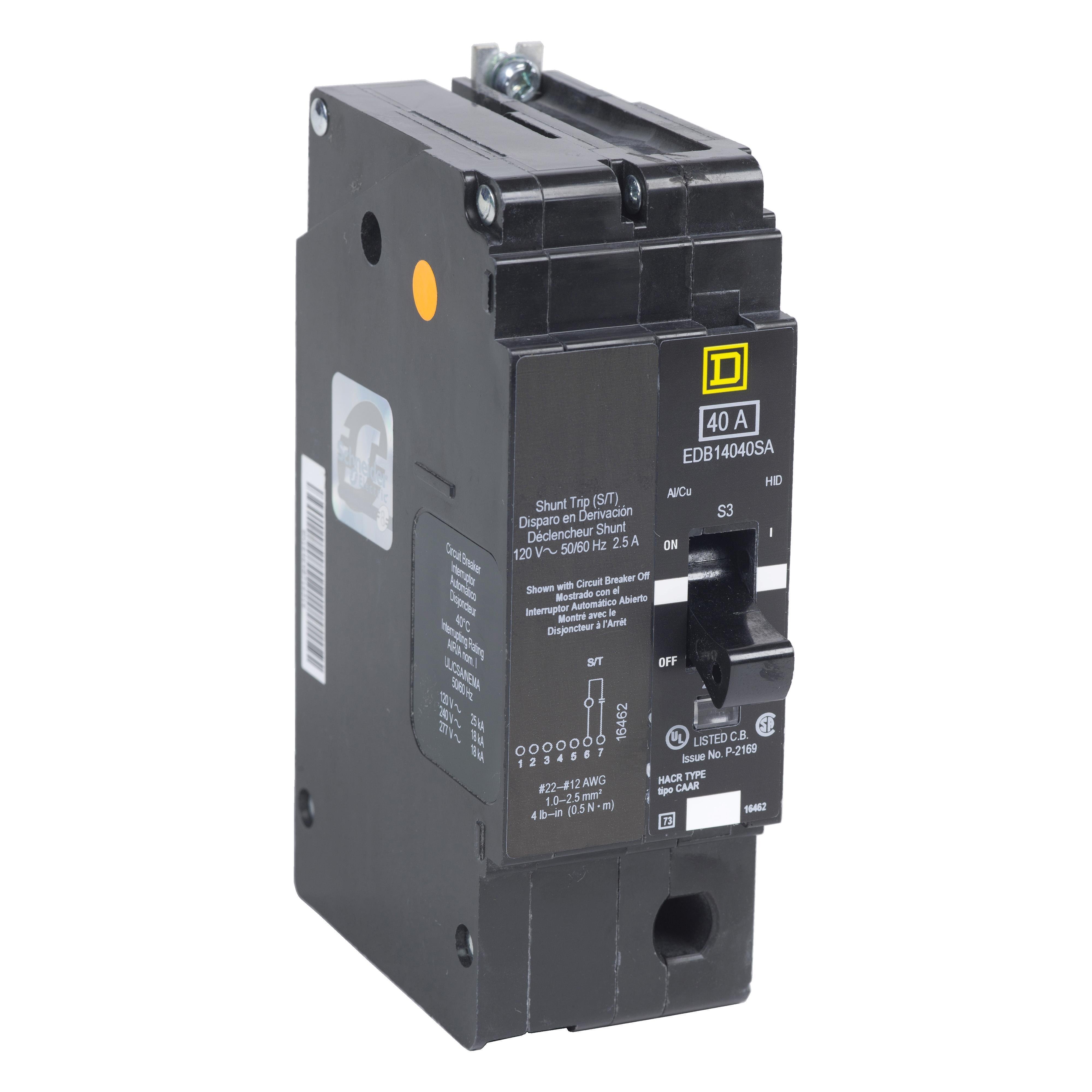 EDB14040SA - Mini circuit breaker, E-Frame, 40A, 1 pole, 277VAC, 25kA max, bolt on, shunt trip [TAA]