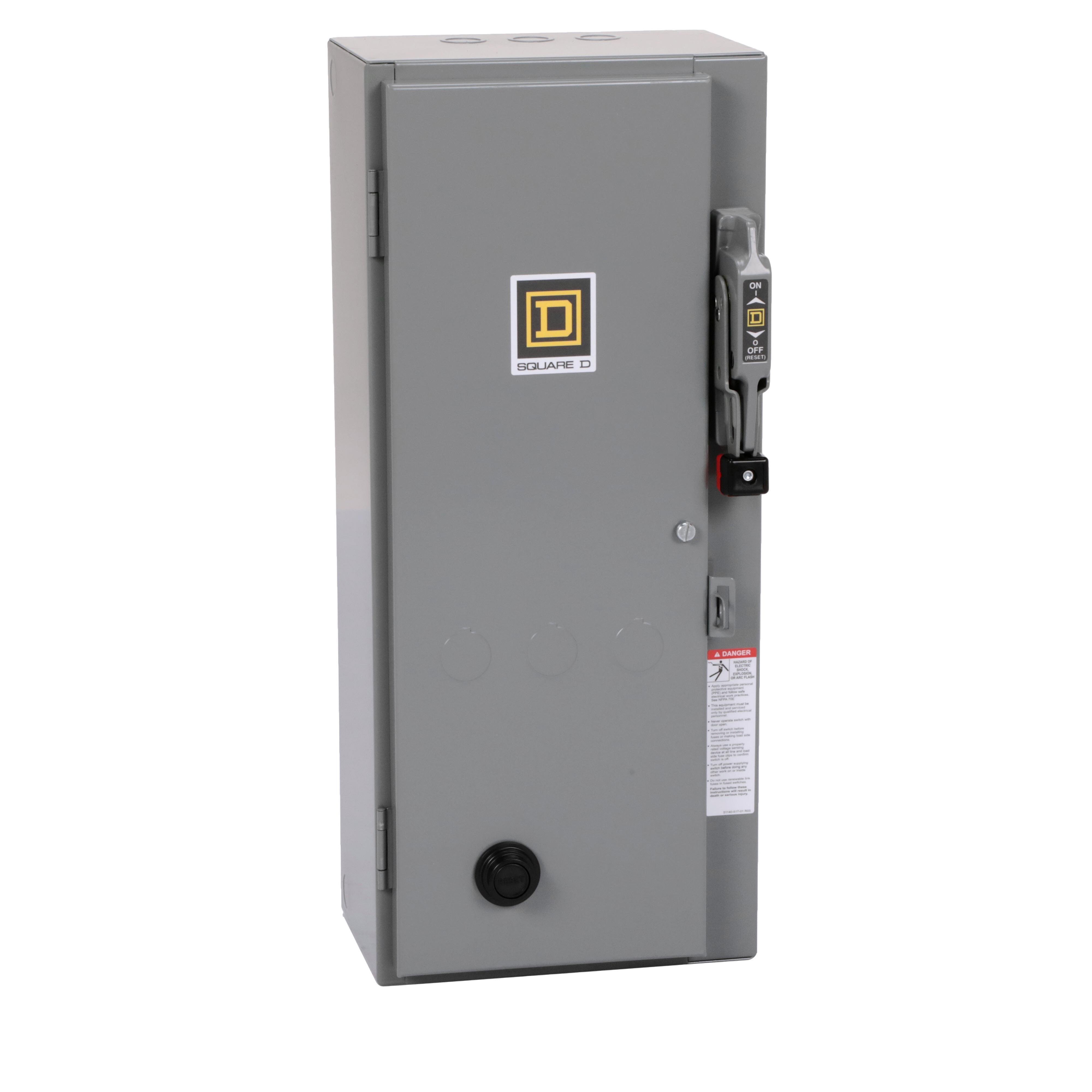 Picture of 8538SCG12V02S - NEMA combination starter, Type S, 30A fusible disconnect, Size 1, 27A, 5HP at 240VAC, 3 phase, 3 pole, 120VAC coil, NEMA 1 [TAA]