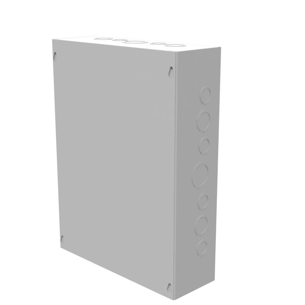Picture of 12164-SC1 - 16x4X12 Screw Cover Type 1 UL Listed Steel Knockouts ANSI 61 Gray Cover With Teardrop Slots Mounting Holes In Back