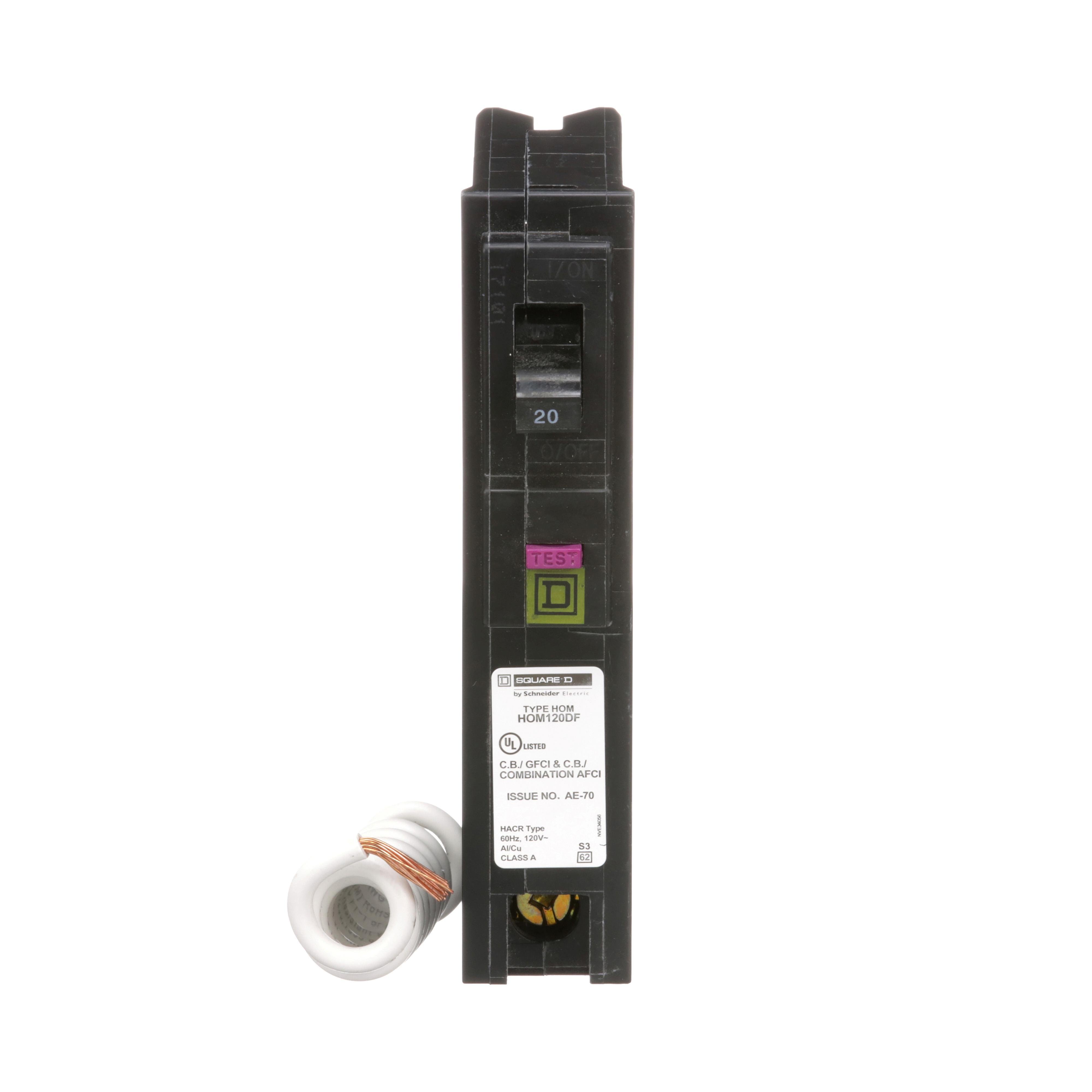 Picture of HOM120DF - [TAA] Mini circuit breaker, Homeline, 20A, 1 pole, 120VAC, 10kA AIR, combo ARC/ground fault, plug in, UL
