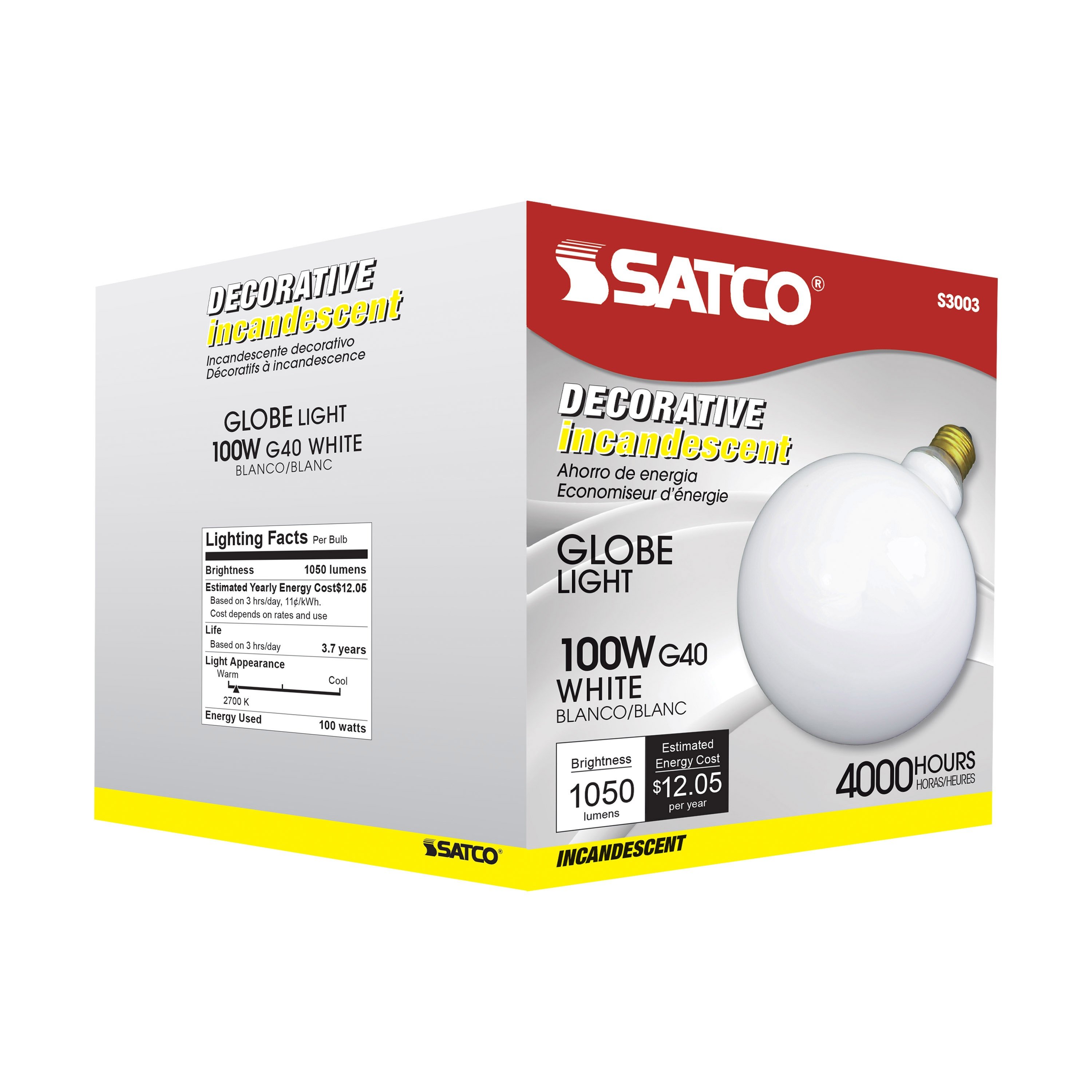 Picture of S3003 - 100 Watt G40 Incandescent - Gloss White - 4000 Average rated hours - 1050 Lumens - Medium base - 120 Volt