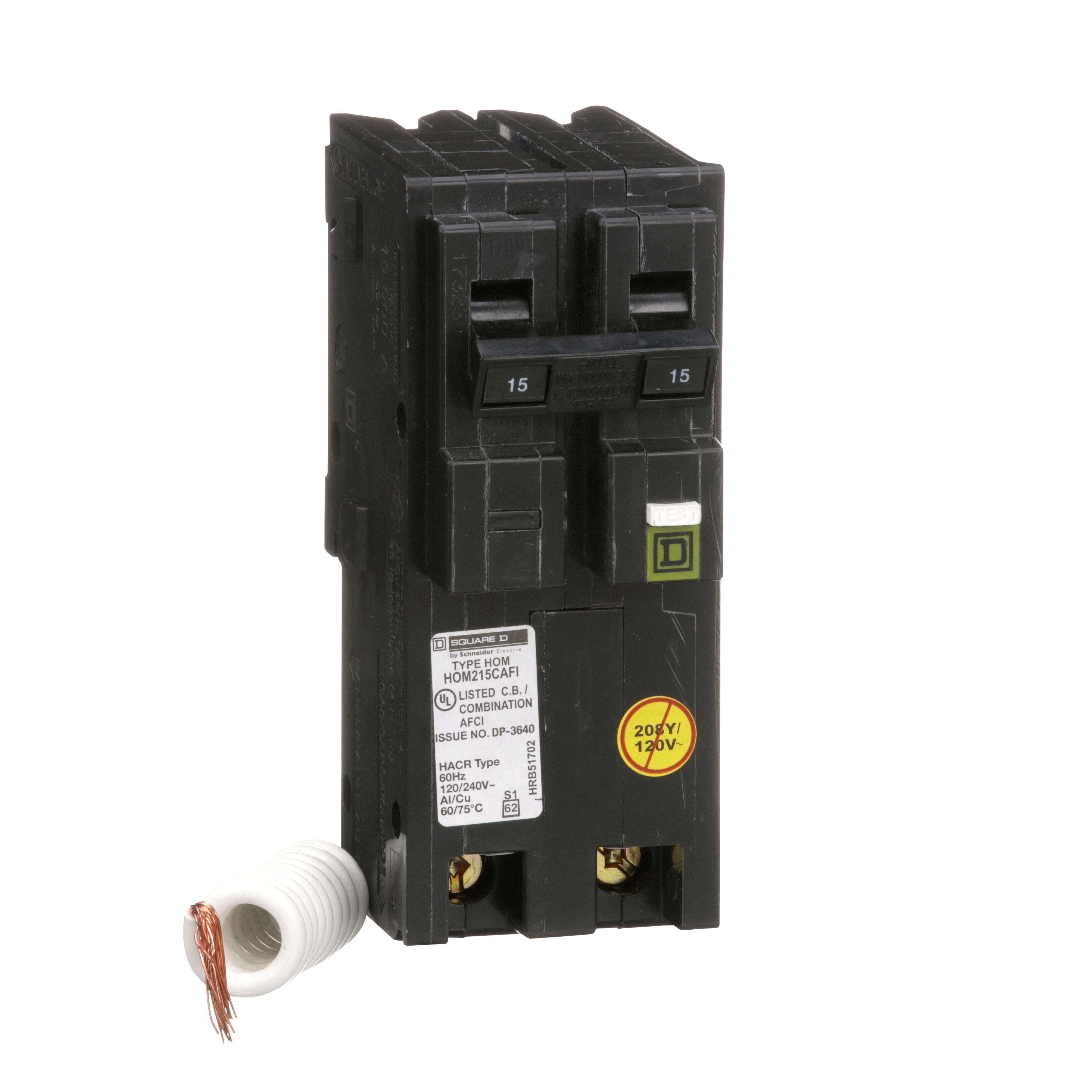 Picture of HOM215CAFI - [TAA] Mini circuit breaker, Homeline, 15A, 2 pole, 120VAC, 10kA AIR, combo arc fault, pigtail neutral, plug in, UL