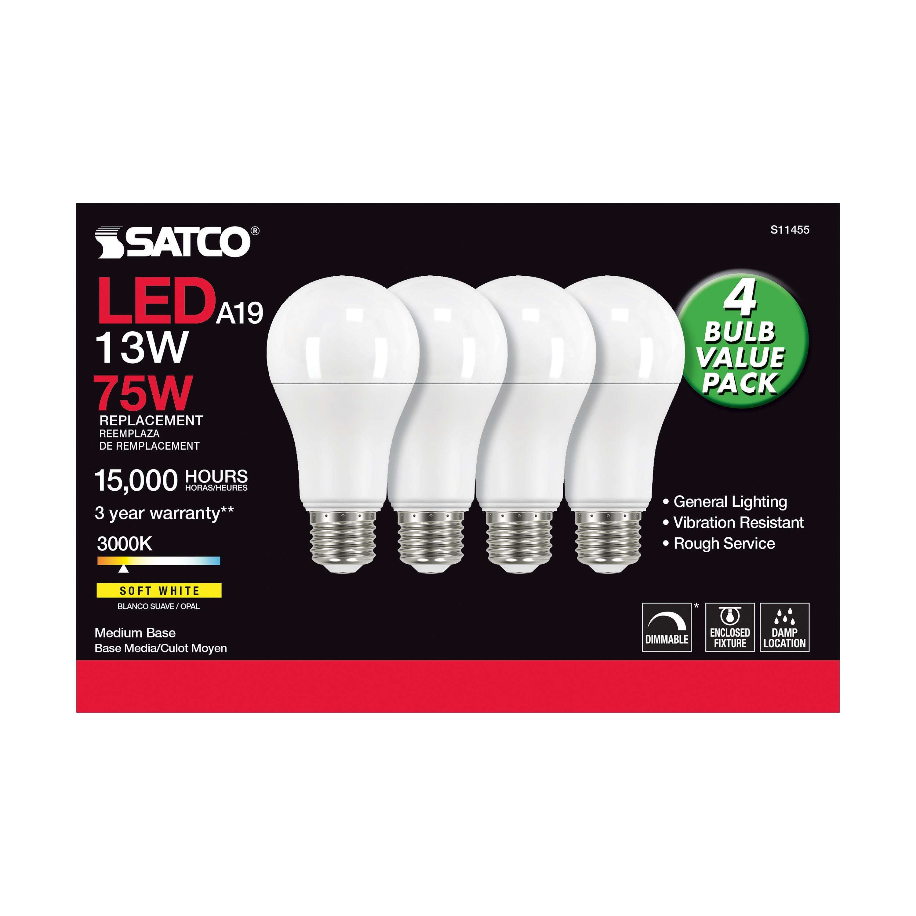 Picture of S11455 - 13 Watt A19 LED - 3000K - Dimmable - Medium base - 230 deg. Beam Angle - 4-pack