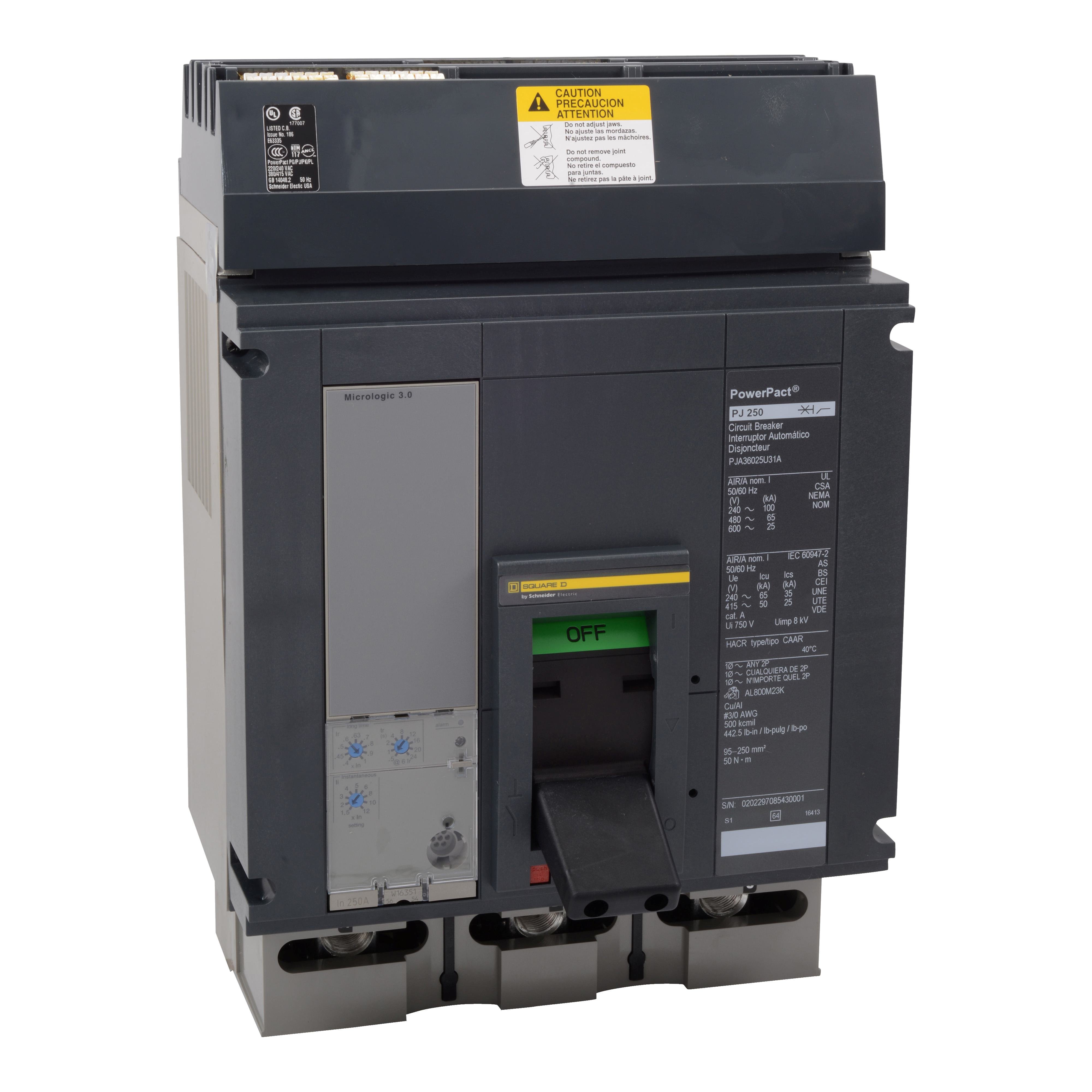 PJA36080U43A - Circuit breaker, PowerPacT P, 800A, 3 pole, 600VAC, 25kA, I-Line, Micrologic 5.0A, 80%, ABC