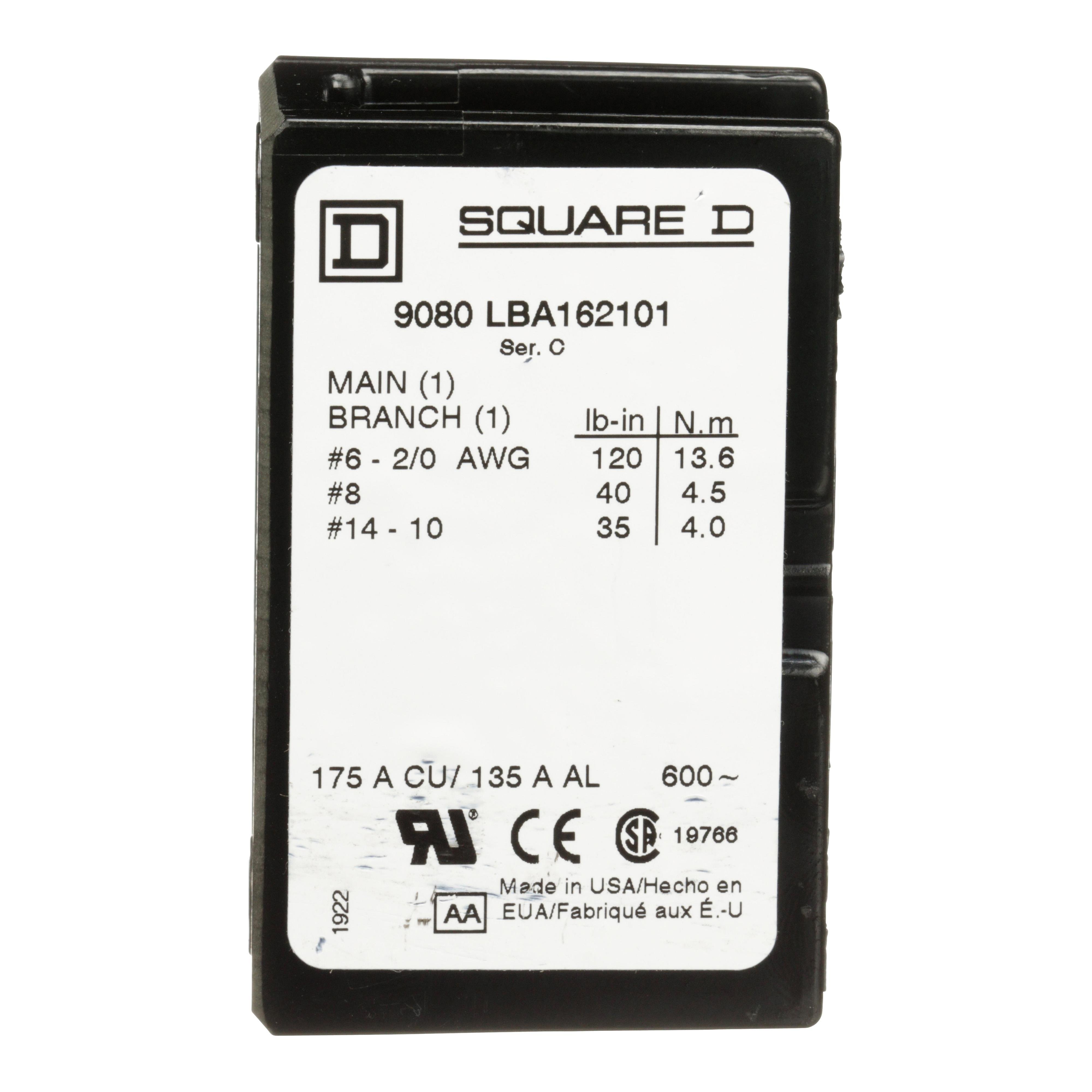 Picture of 9080LBA162101 - Power distribution block, Linergy, 1 pole, 1 line, 1 load, 175A Cu, 135A Al, 600V