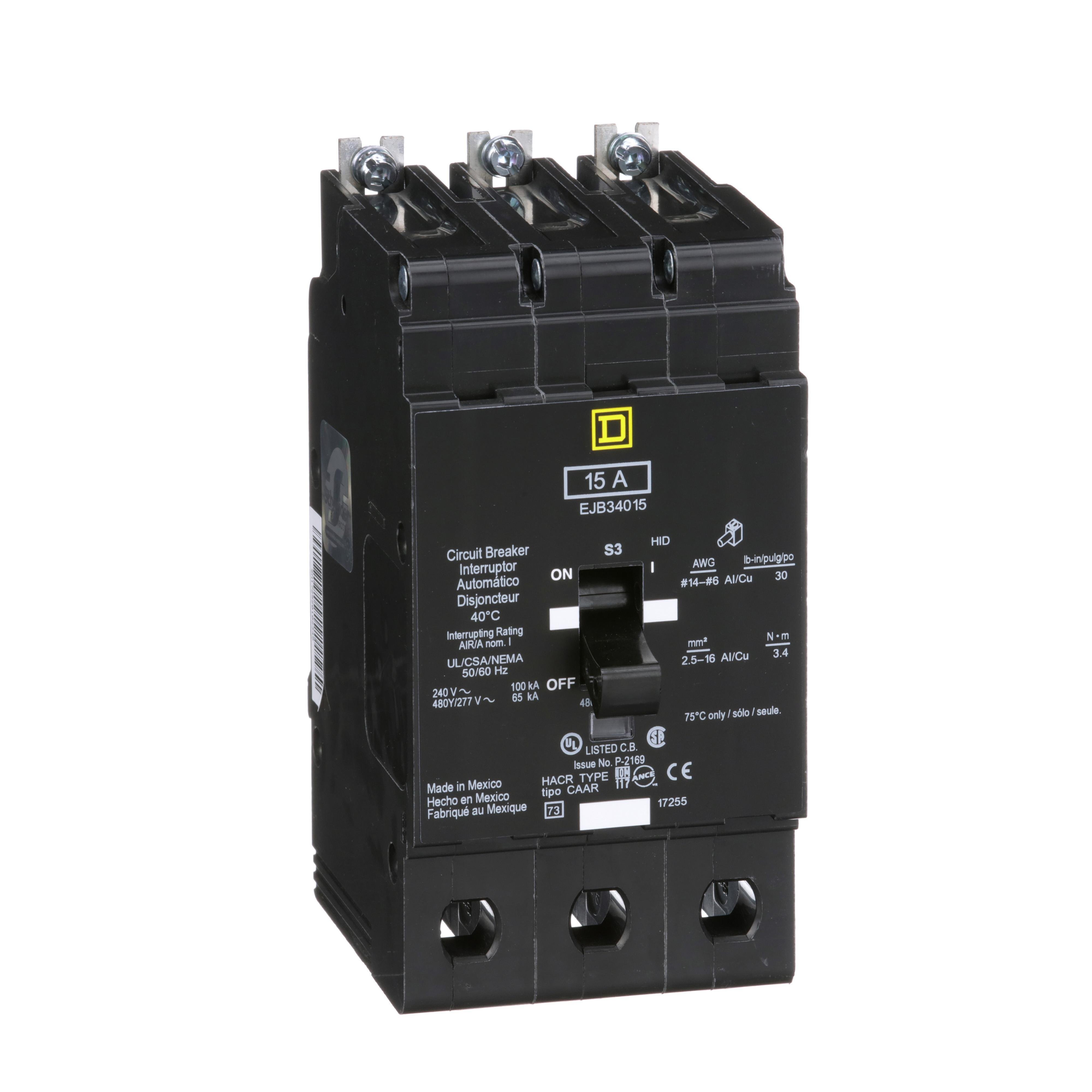 EJB34015 - [TAA] Mini circuit breaker, E-Frame, 15A, 3 pole, 480Y/277VAC, 100kA max, bolt on