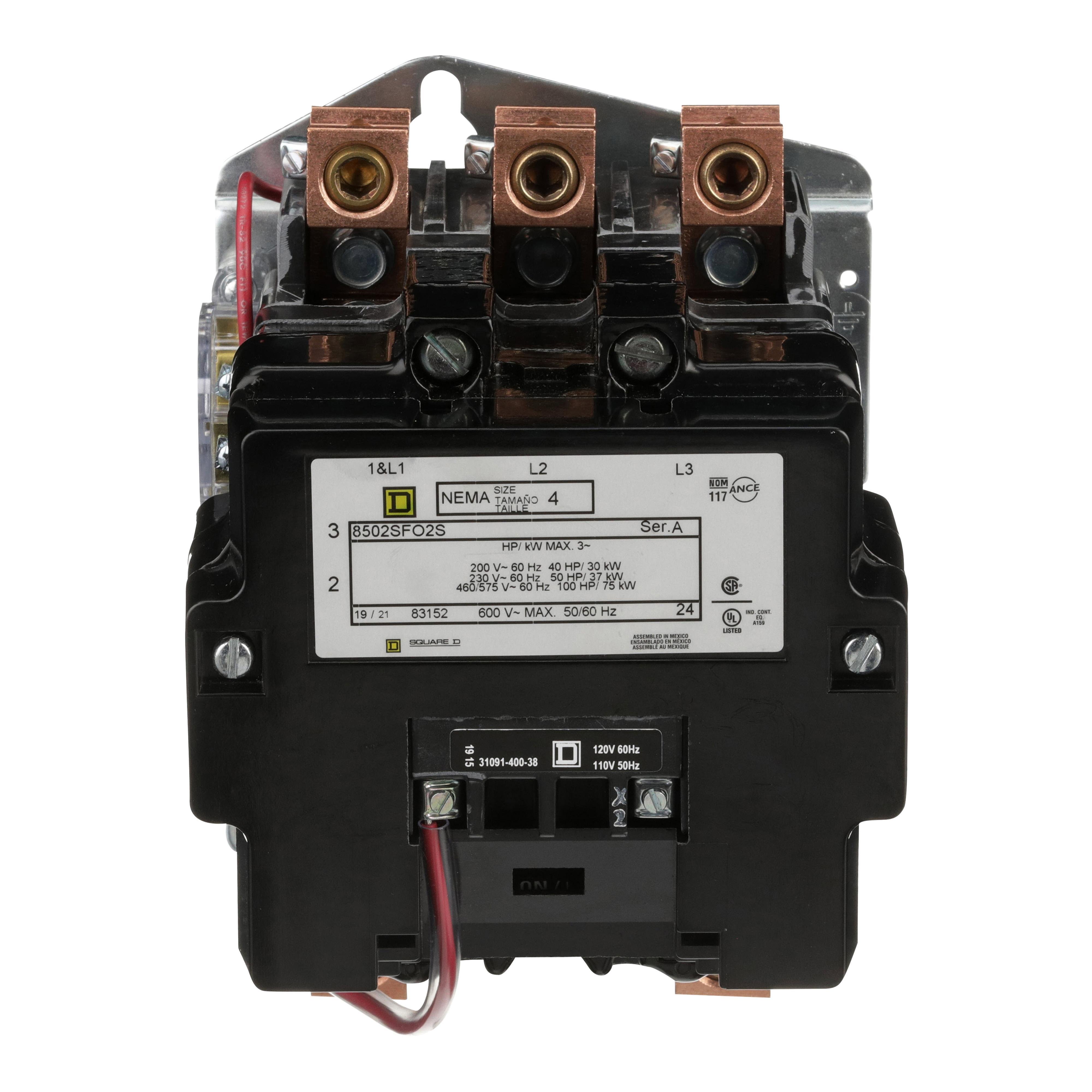 8502SFO2V02S - NEMA Contactor, Type S, nonreversing, Size 4, 135A, 100 HP at 575 VAC, 3 phase, up to 100 kA, 3 pole, 120 VAC coil, open [TAA]