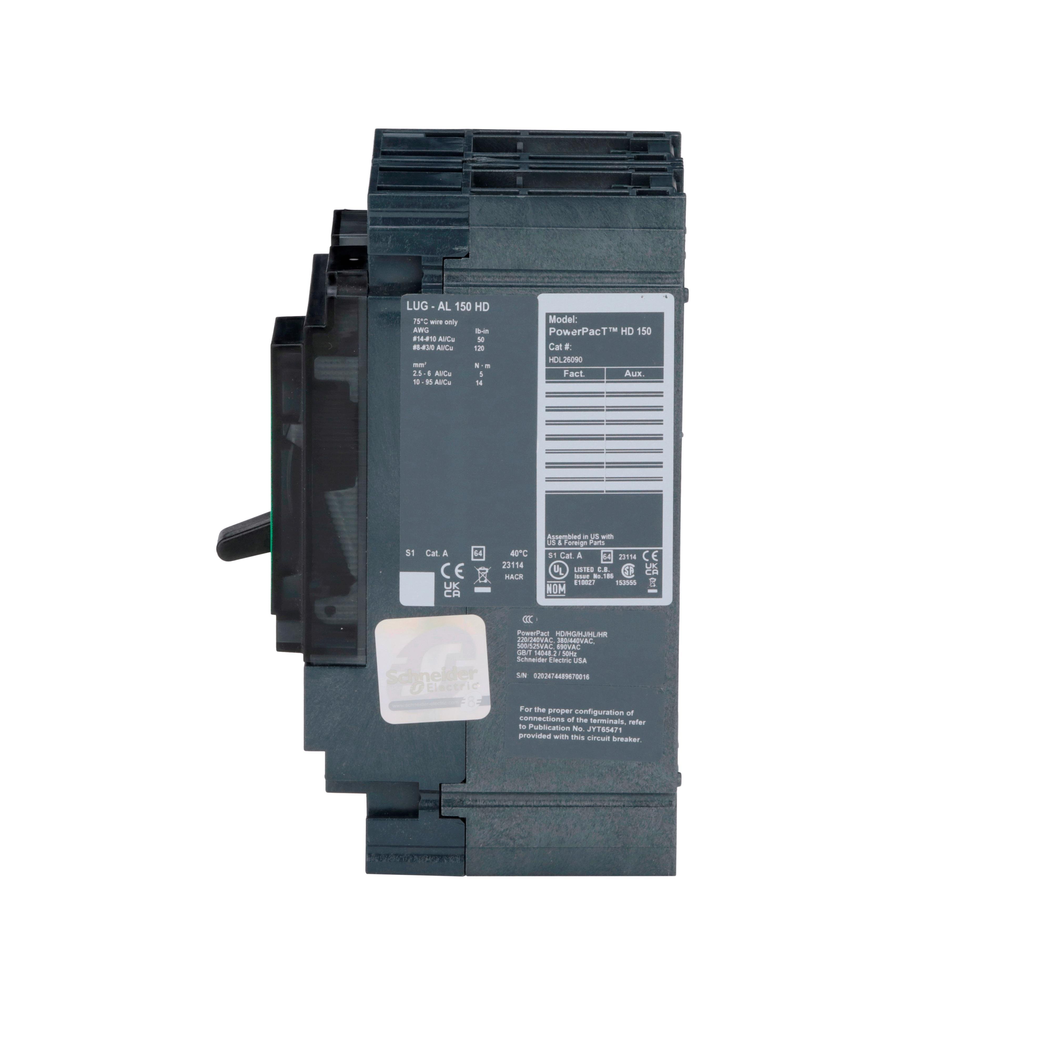 Picture of HDL26090 - Circuit breaker, PowerPacT H, 90A, 2 pole, 600VAC, 14kA, lugs, thermal magnetic, 80%
