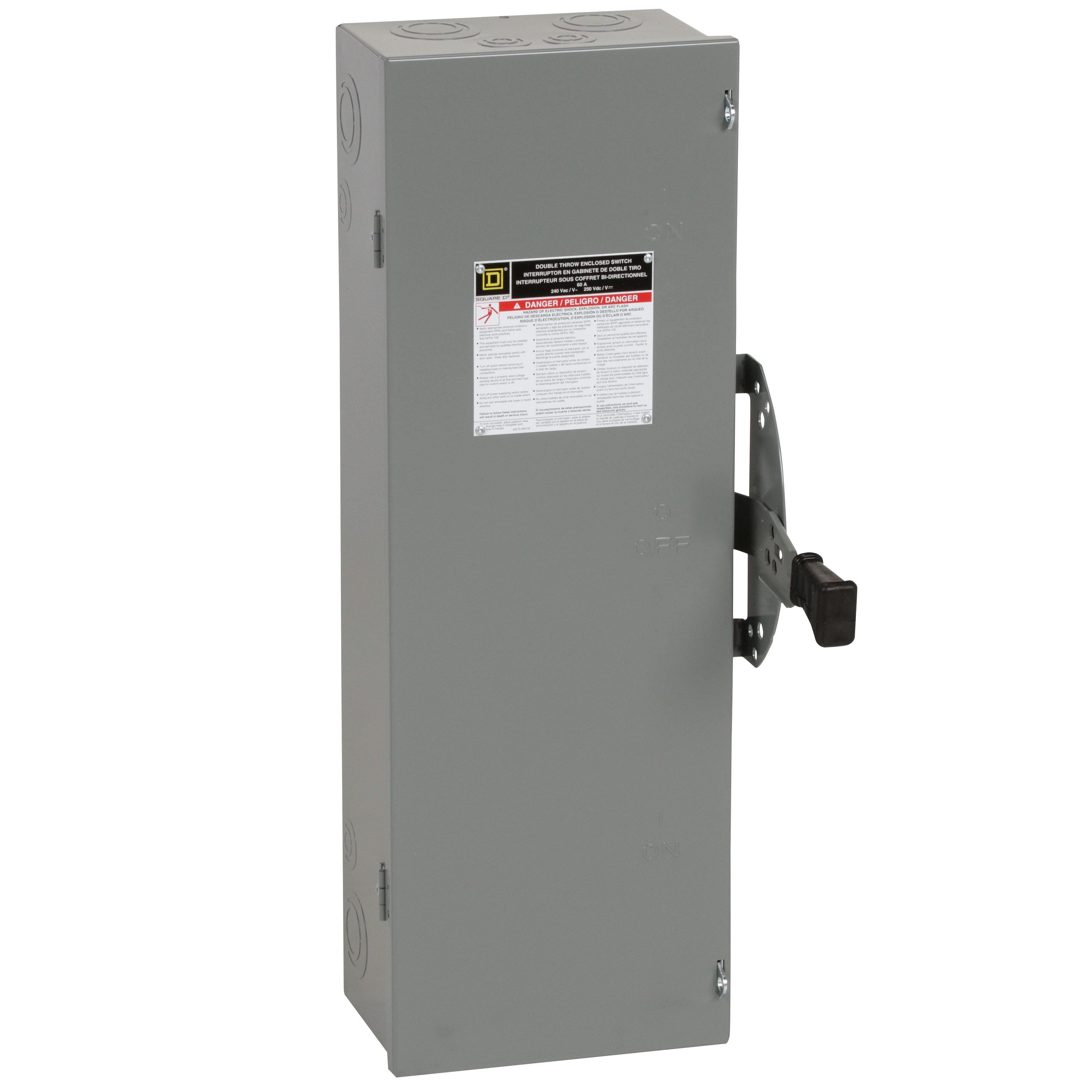 DTU322 - Safety switch, double throw, non fusible, 3 pole, 3 wire, 240VAC, 250VDC, 60A, Type 1