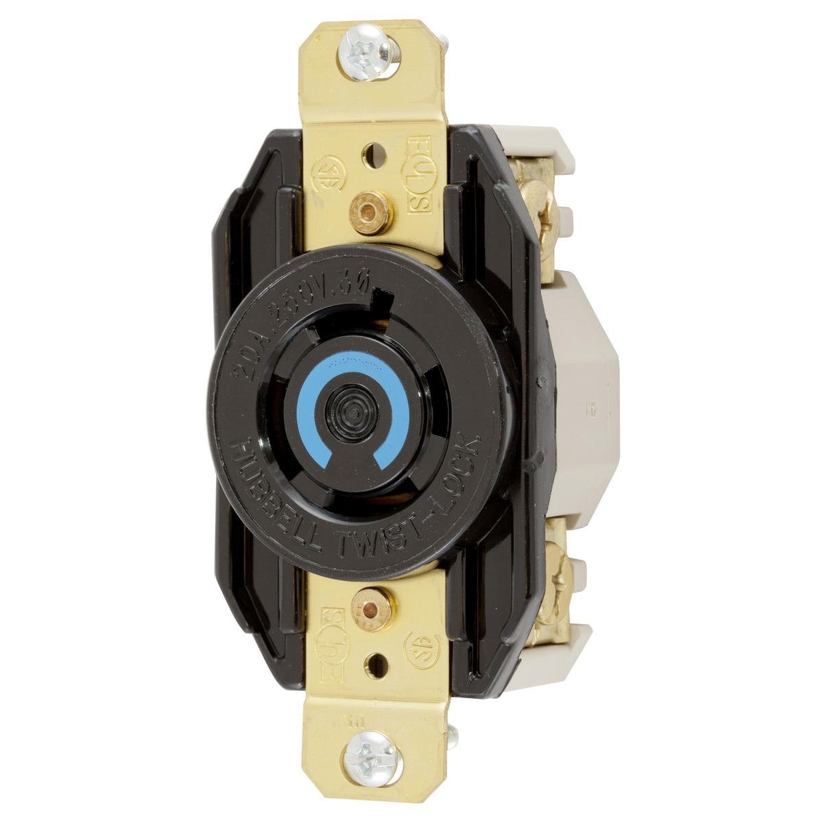 HBL2420 - Locking Devices, Twist-Lock®, Industrial, Flush Receptacle, 20A 3 Phase Delta 250V AC, 3-Pole 4-Wire Grounding, L15-20R, Screw Terminal, Black