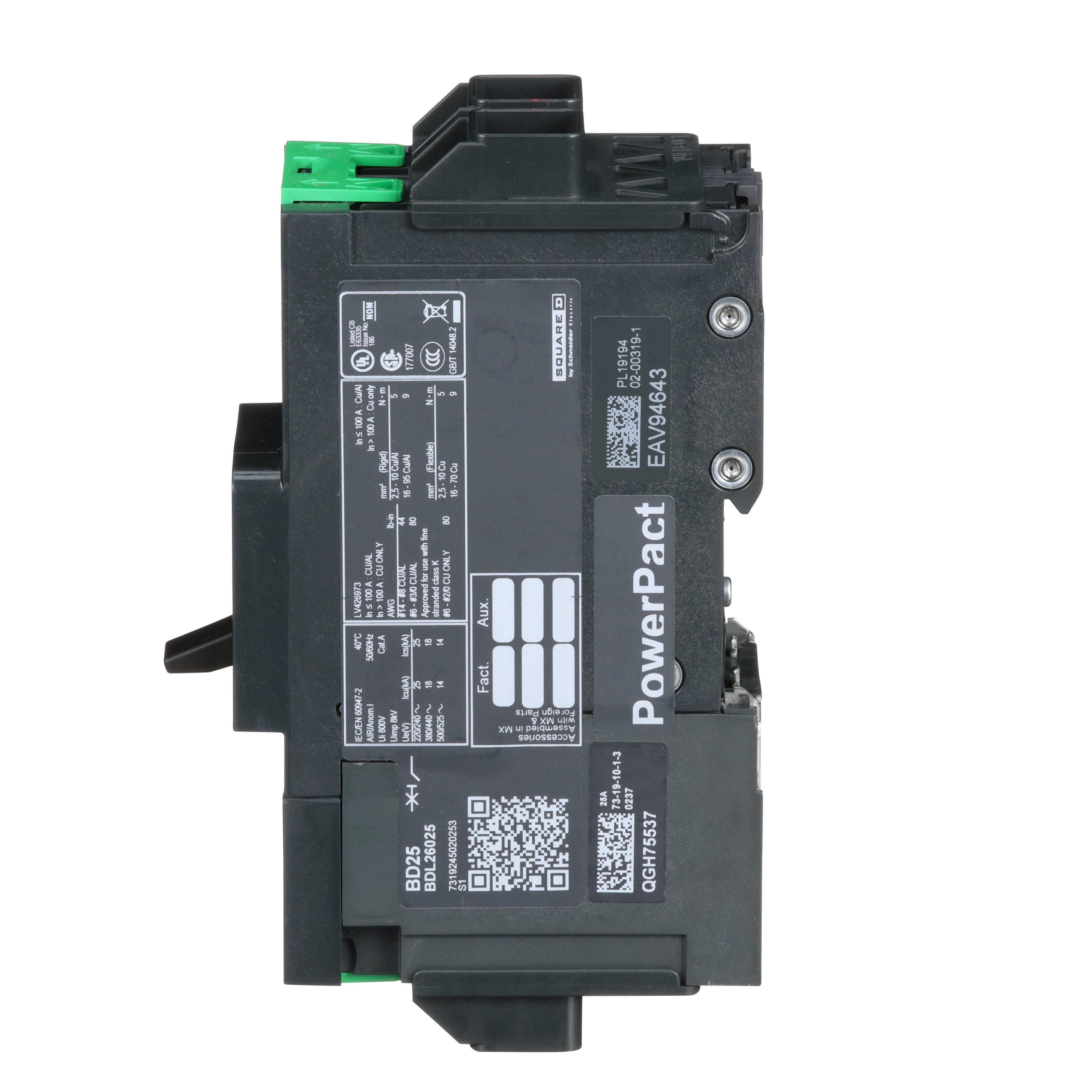 Picture of BDL26025 - Circuit breaker, PowerPacT B, 25A, 2 pole, 600Y/347VAC, 14kA, lugs, thermal magnetic, 80%