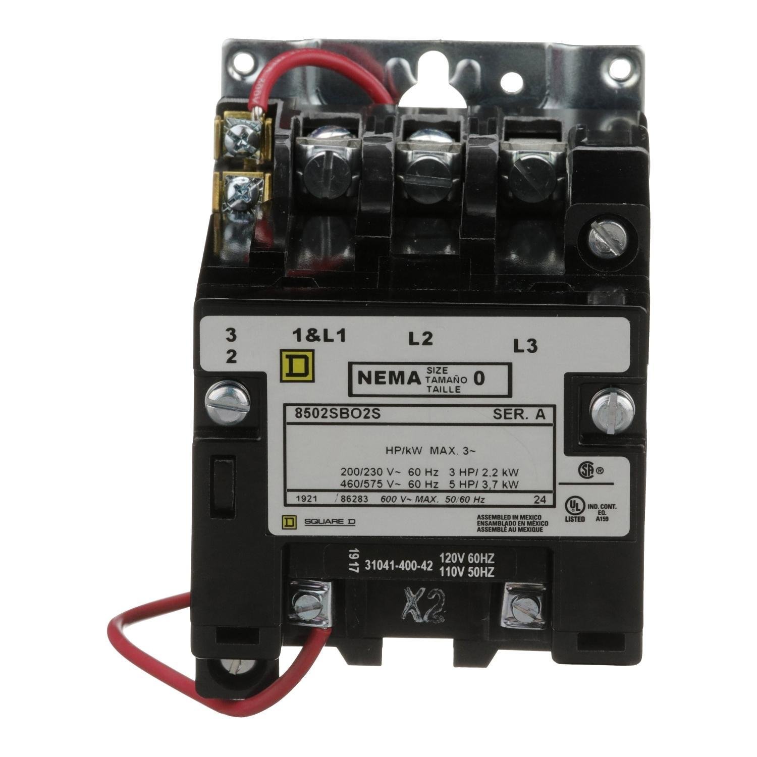 8502SBO2V02S - NEMA Contactor, Type S, nonreversing, Size 0, 18A, 5HP at 575VAC, 3 phase, up to 100kA, 3 pole, 120VAC coil, open [TAA]