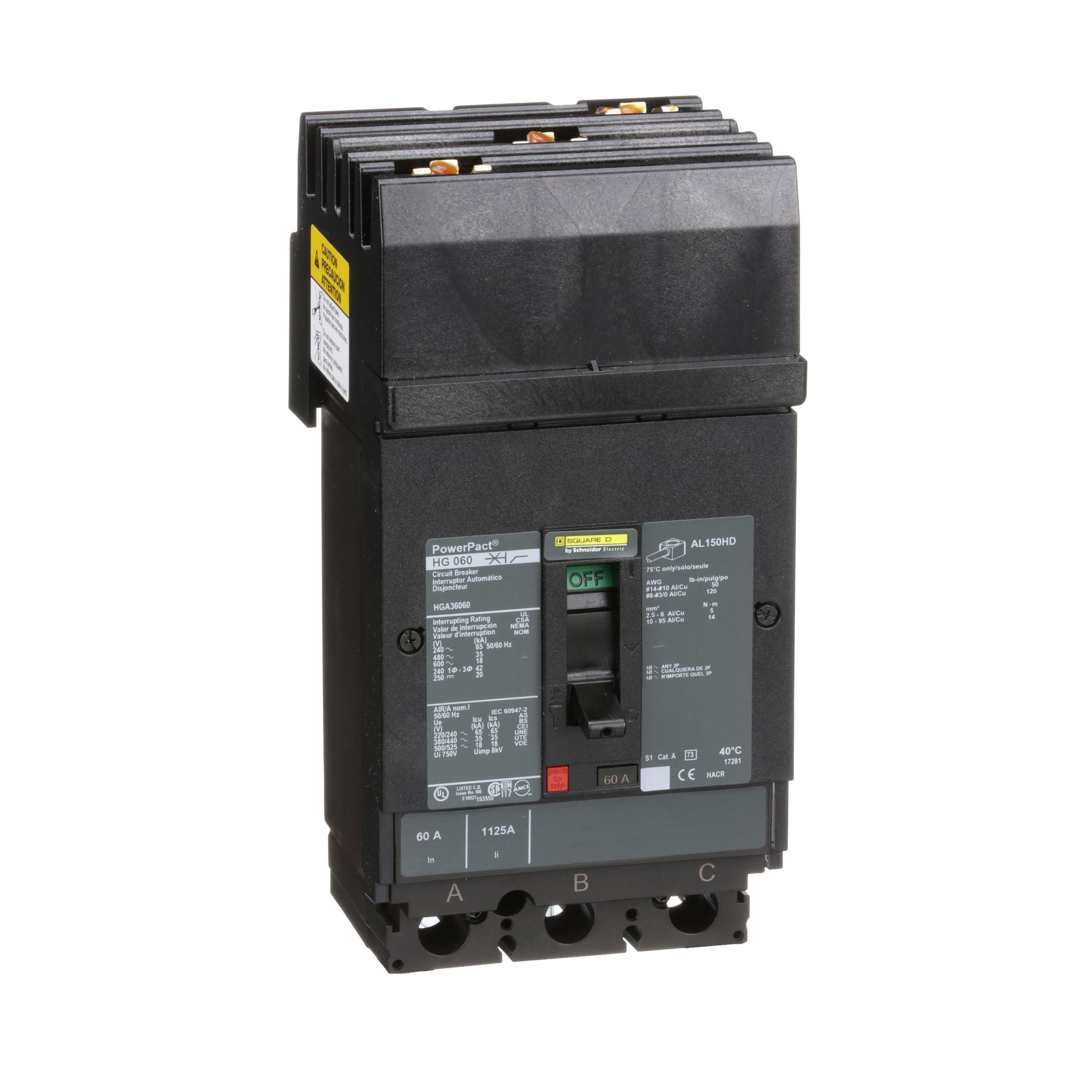 HGA36060 - Circuit breaker, PowerPacT H, 60A, 3 pole, 600VAC, 18kA, I-Line, thermal magnetic, 80%, ABC