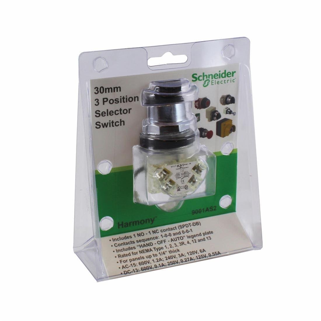 Picture of 9001AS2 - 30mm Push Buttons, package containing 9001KS43BH13 3 position selector switch and HAND OFF AUTO legend plate