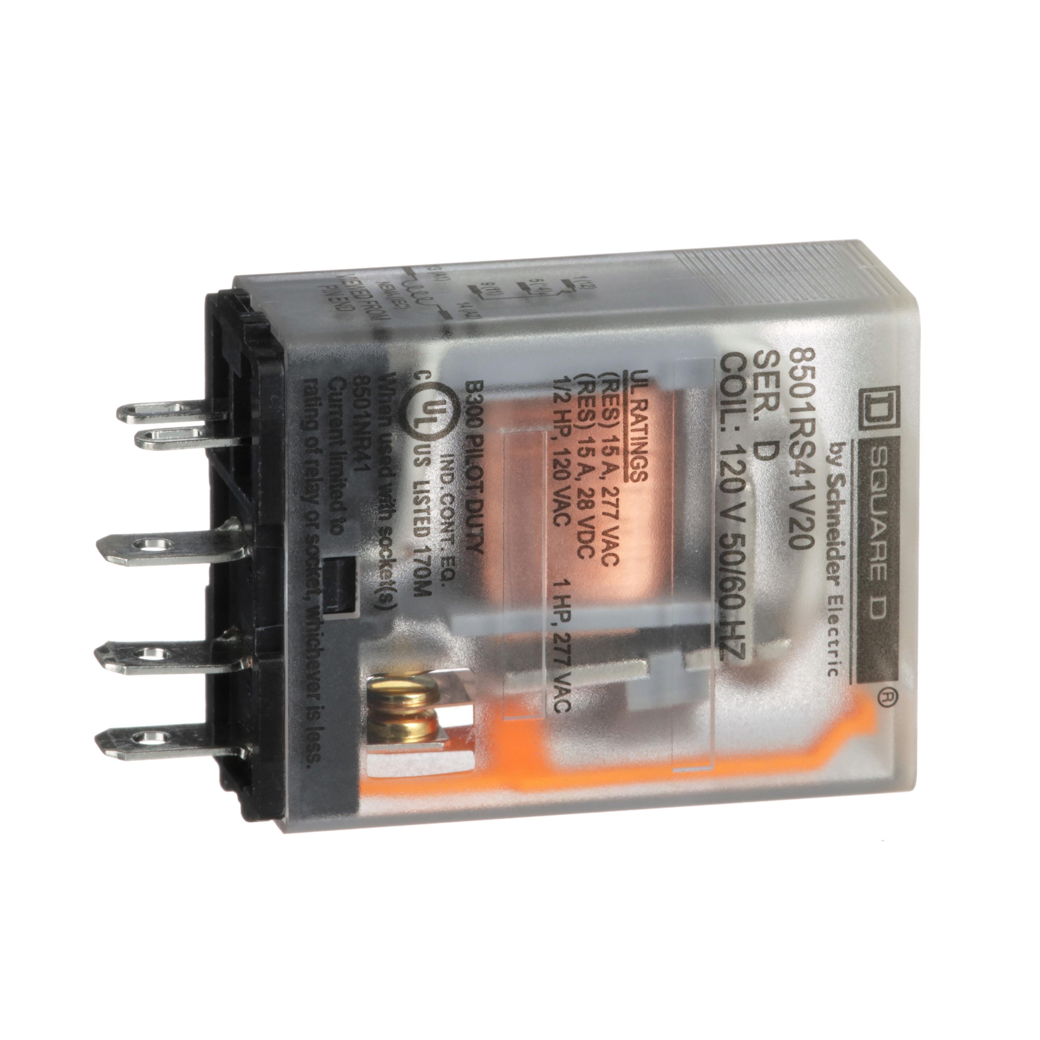 Picture of 8501RS41V20 - Miniature Relay, Harmony 8501R, SPDT, 5 blades, coil, 15A resistive at 120V AC, 1HP at 277V AC, 120V AC, 1NO+ 1NC