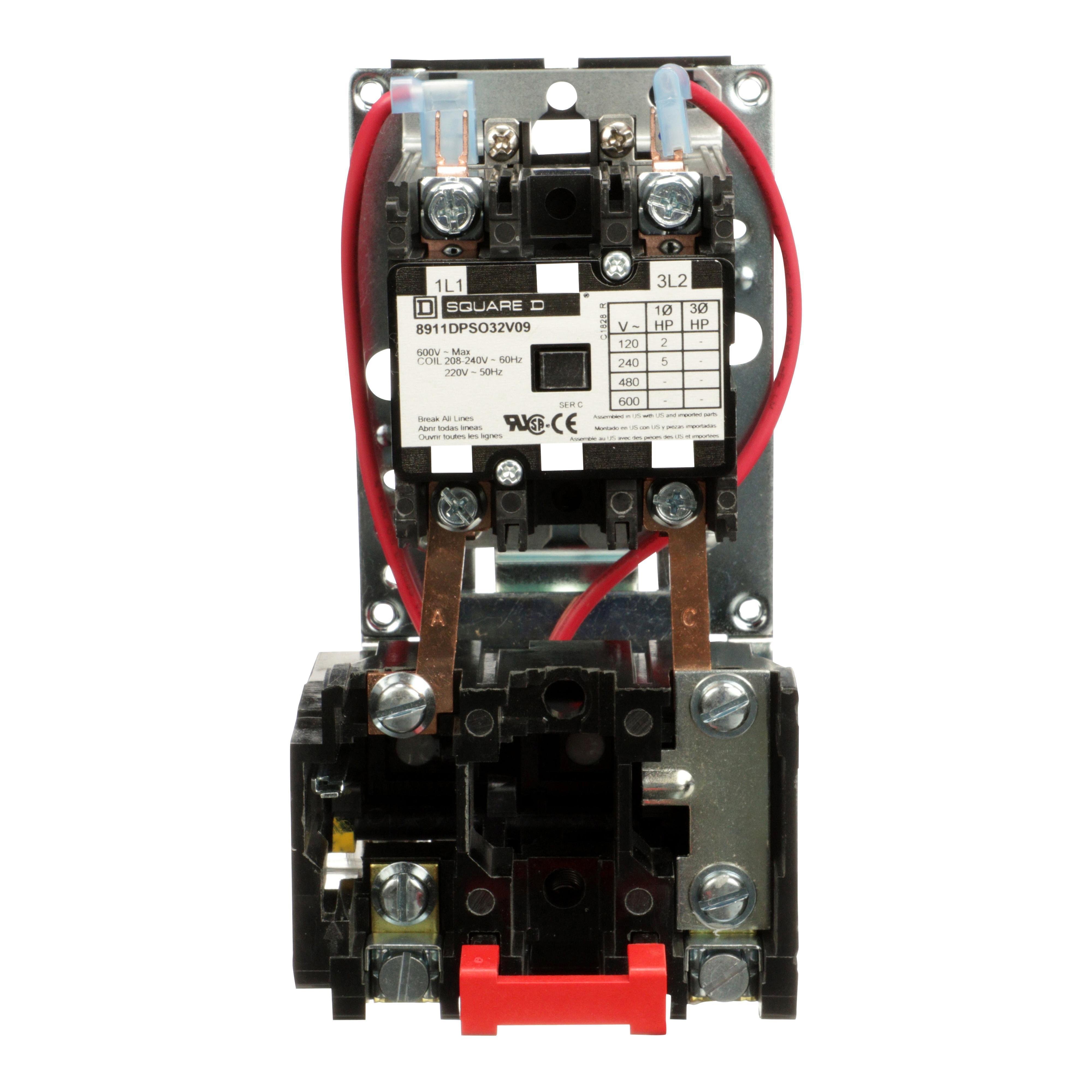 8911DPSO32V09 - NEMA starter, Definite Purpose, 30A, 5HP at 240VAC, 1 phase, 2 pole, melting alloy, 208V to 240VAC coil, open
