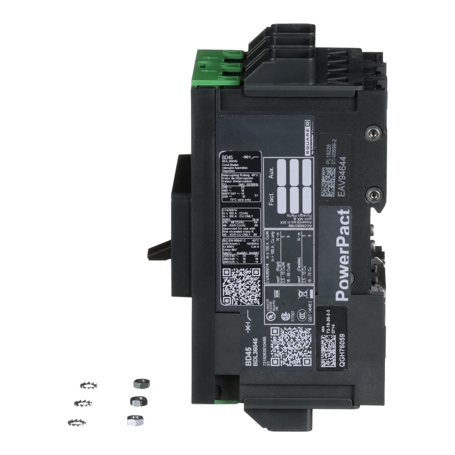 Picture of BDL36045 - Circuit breaker, PowerPacT B, 45A, 3 pole, 600Y/347VAC, 14kA, lugs, thermal magnetic, 80%
