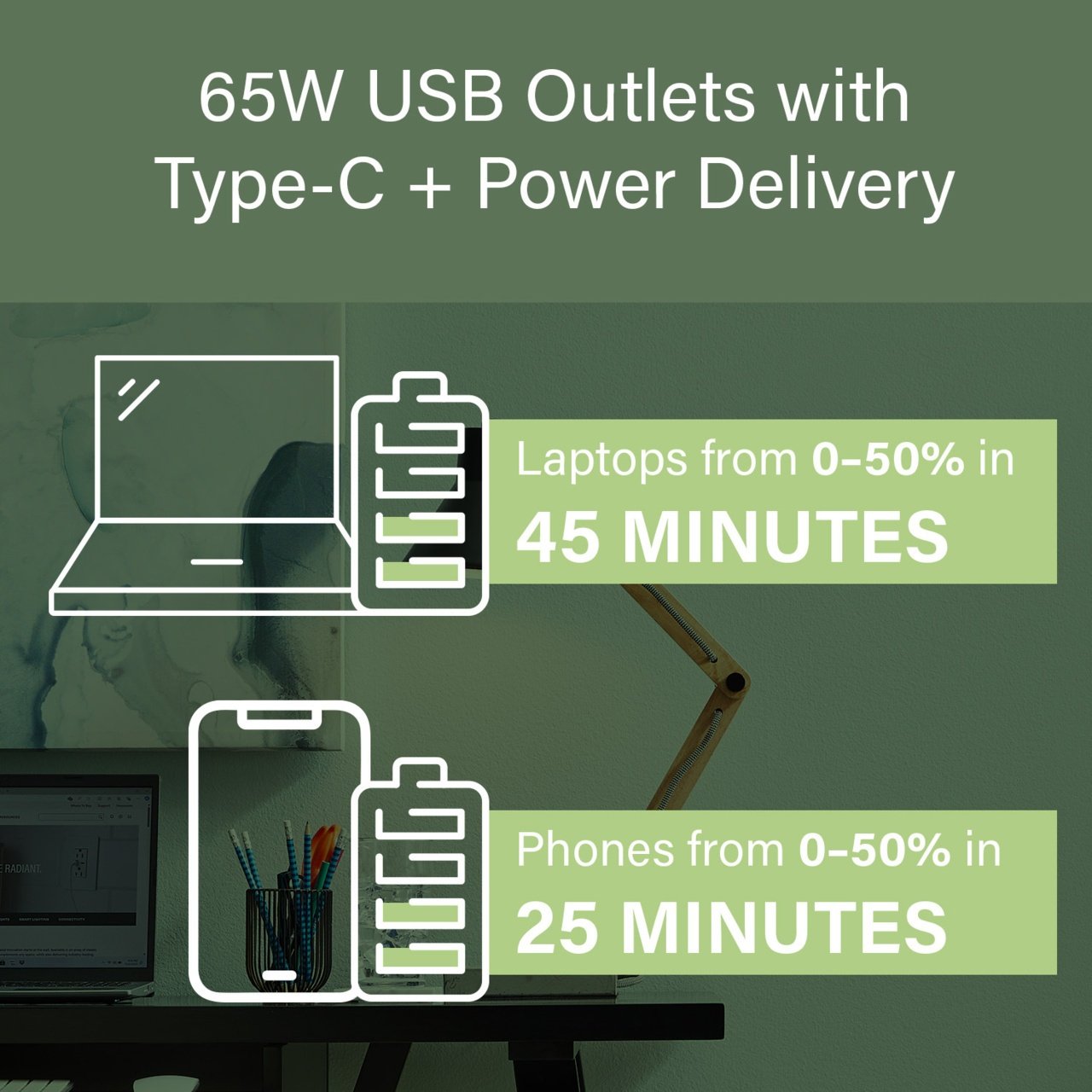 Picture of R26USBPD65W - radiant 65W USB Outlet, Type C, 15A, Tamper-Resistant, White