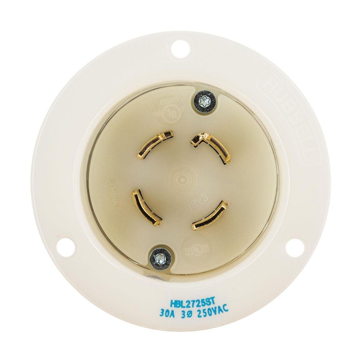 Picture of HBL2725ST - Locking Devices, EdgeConnect™ Twist-Lock®, Industrial, Insulgrip® Flanged Inlet, 30A 3-Phase Delta 250V AC, 3-Pole 4-Wire Grounding, L15-30P, Spring Terminal, White.