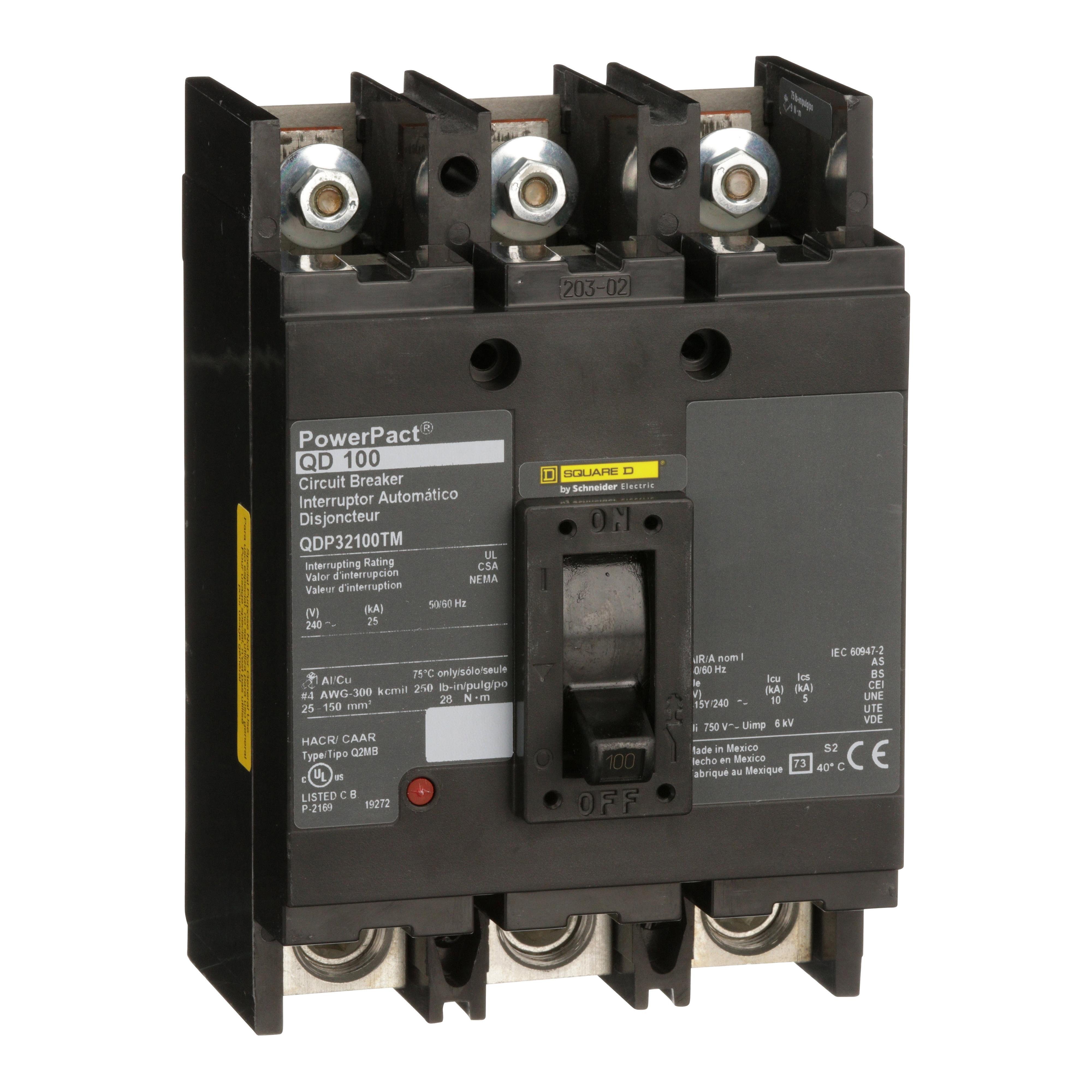 QDP32100TM - Circuit breaker, PowerPacT Q, 100A, 3 pole, 240VAC, 25kA, lugs, thermal magnetic, 80%, bottom of panel