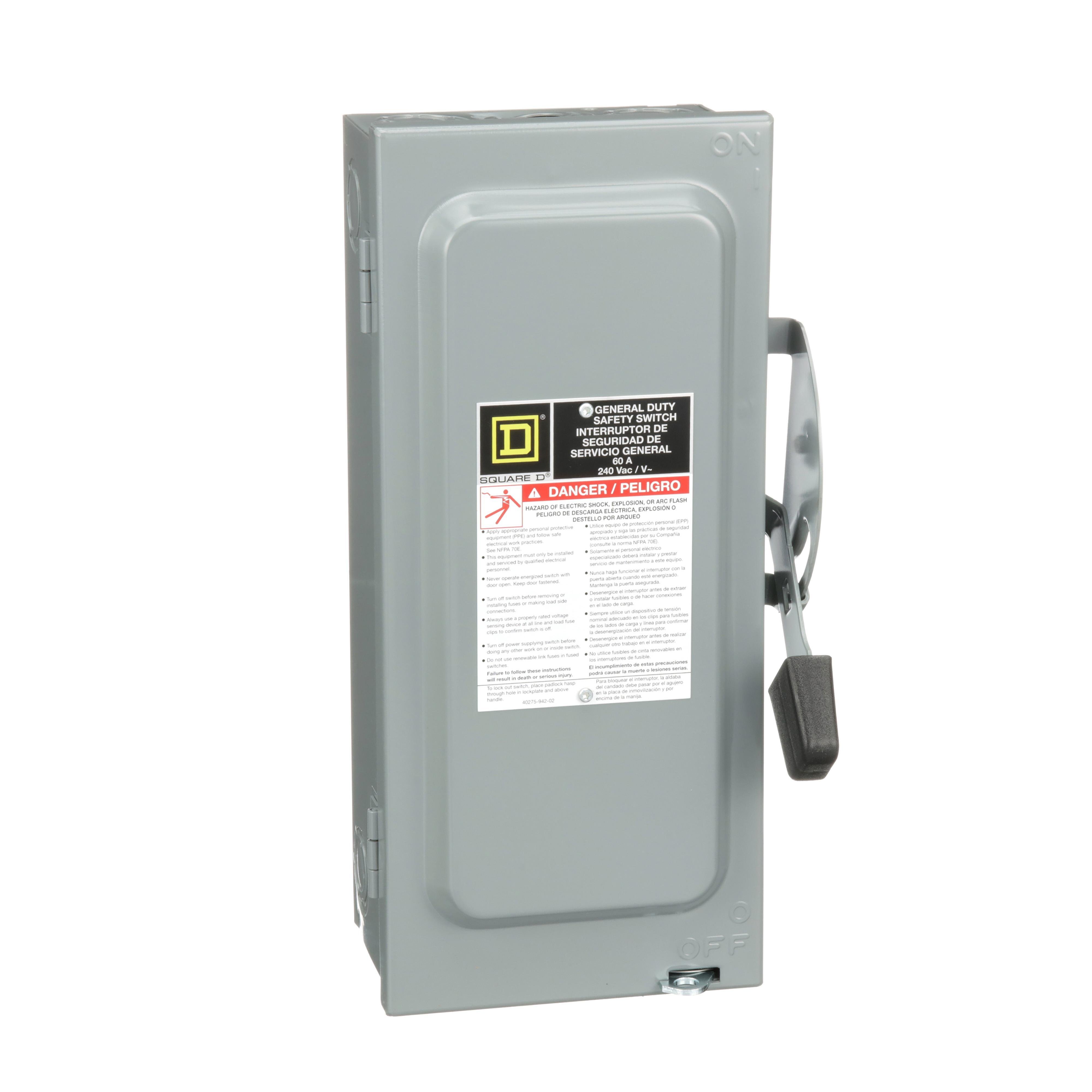 D322N - Safety switch, general duty, fusible, 60A, 3 pole, 15hp, 240VAC, NEMA 1, neutral factory installed