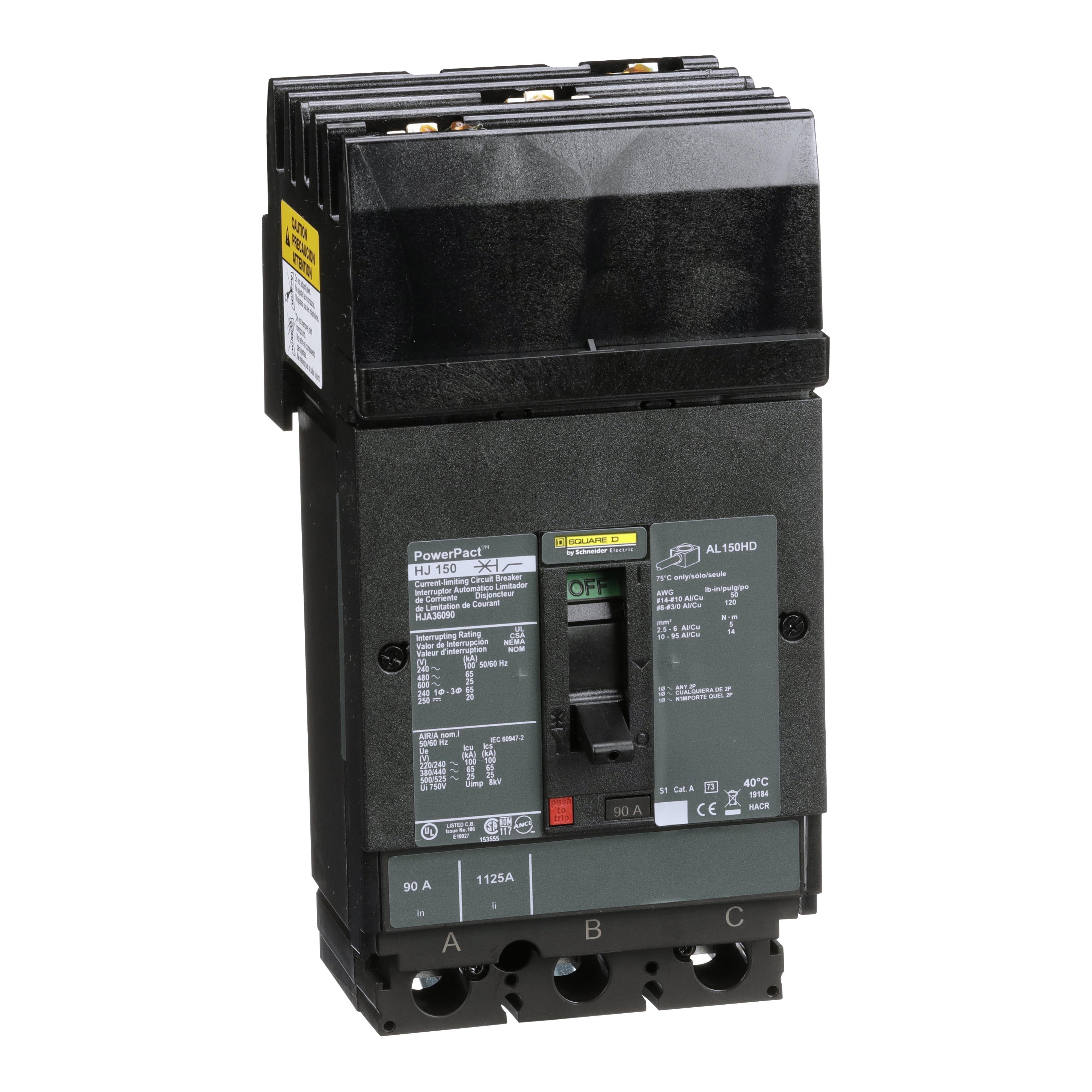 HJA36090 - Circuit breaker, PowerPacT H, 90A, 3 pole, 600VAC, 25kA, I-Line, thermal magnetic, 80%, ABC