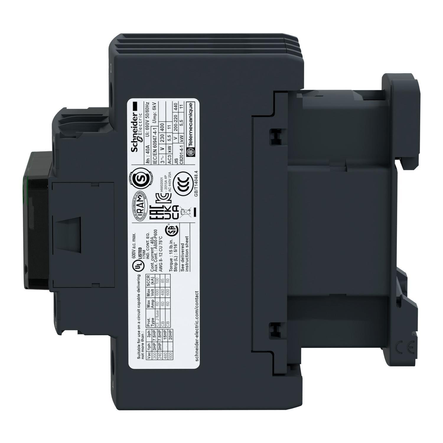 Picture of LC1D258G7 - IEC contactor, TeSys Deca, nonreversing, 40A resistive, 4 pole, 2 NO and 2 NC, 120VAC 50/60Hz coil, open style