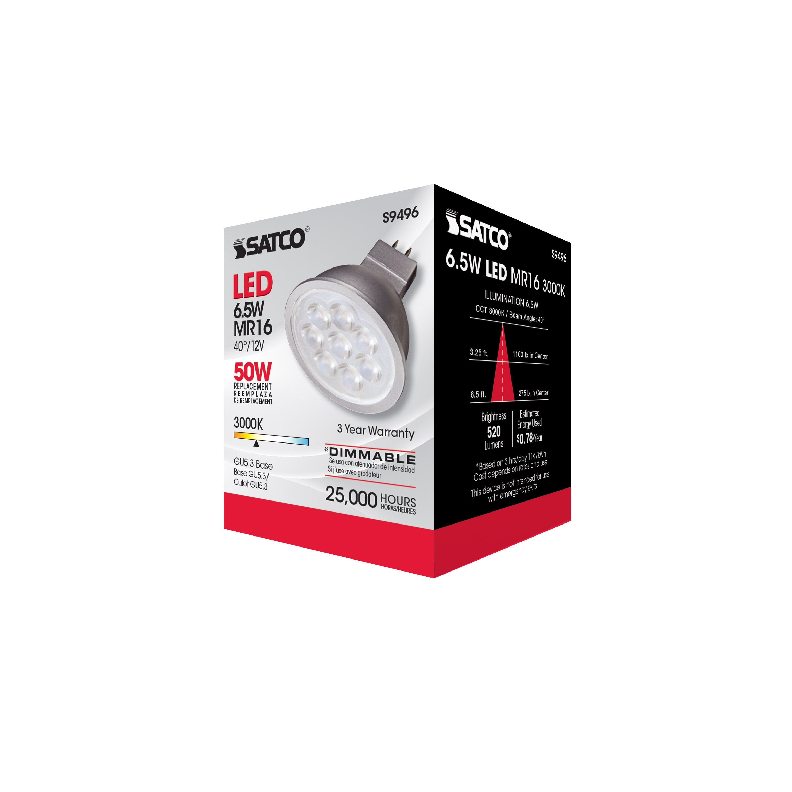 Picture of S9496 - 6.5 Watt - LED MR16 LED - 3000K - 40 deg. Beam Angle - GU5.3 base - 12 Volt AC/DC