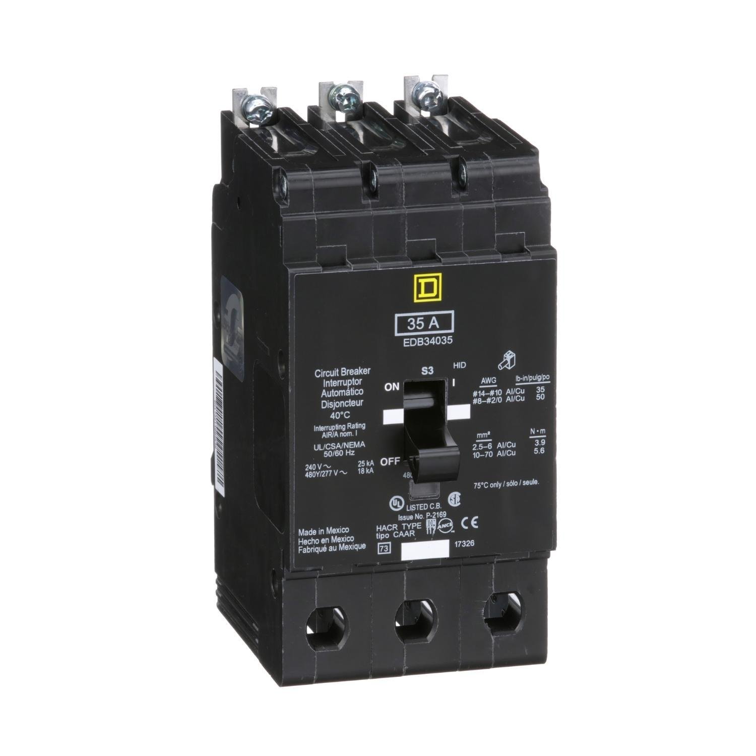 EDB34035 - Mini circuit breaker, E-Frame, 35A, 3 pole, 480Y/277VAC, 25kA max, bolt on [TAA]