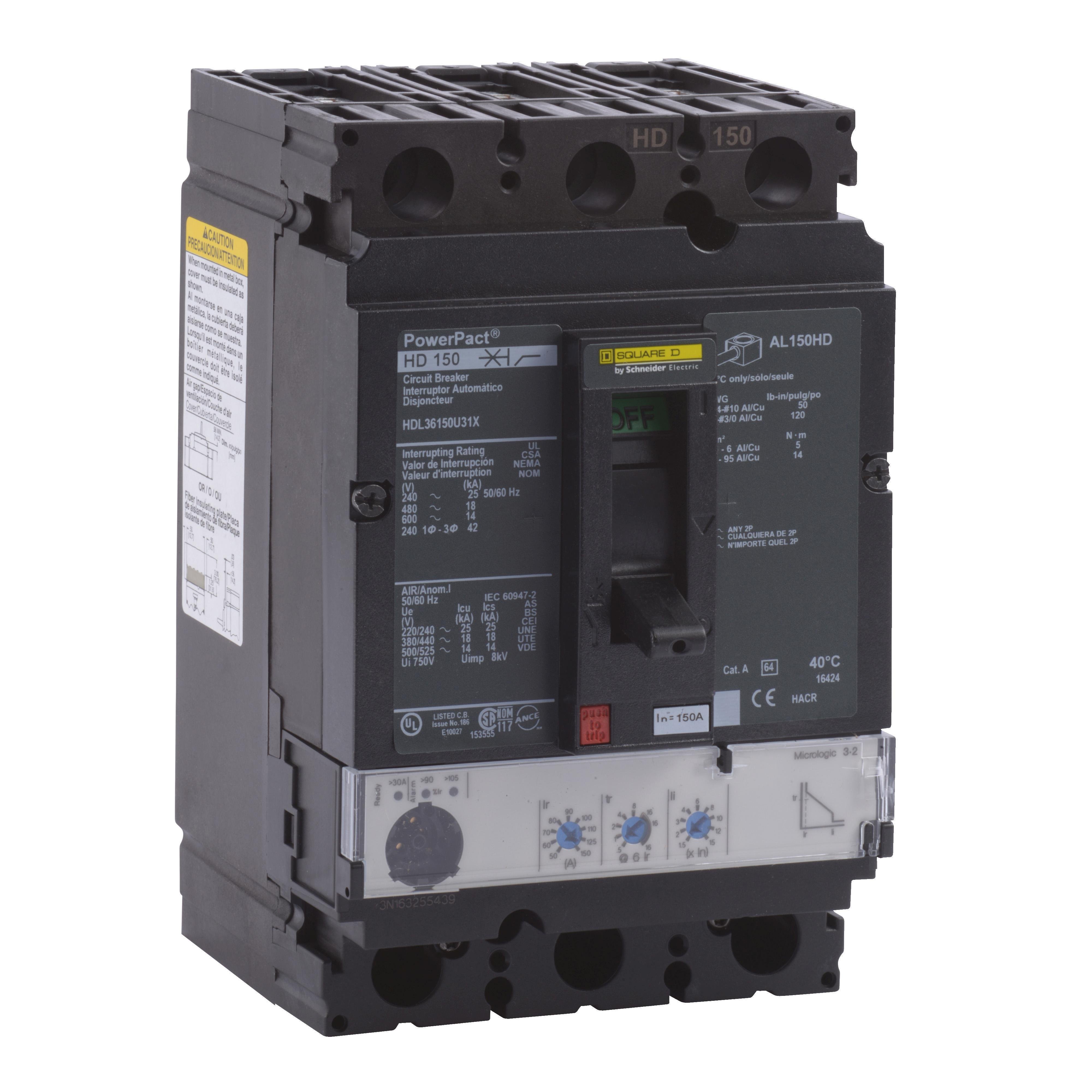 HDL36150U31X - Circuit breaker, PowerPacT H, 150A, 3 pole, 600VAC, 14kA, lugs, Micrologic 3.2, 80%