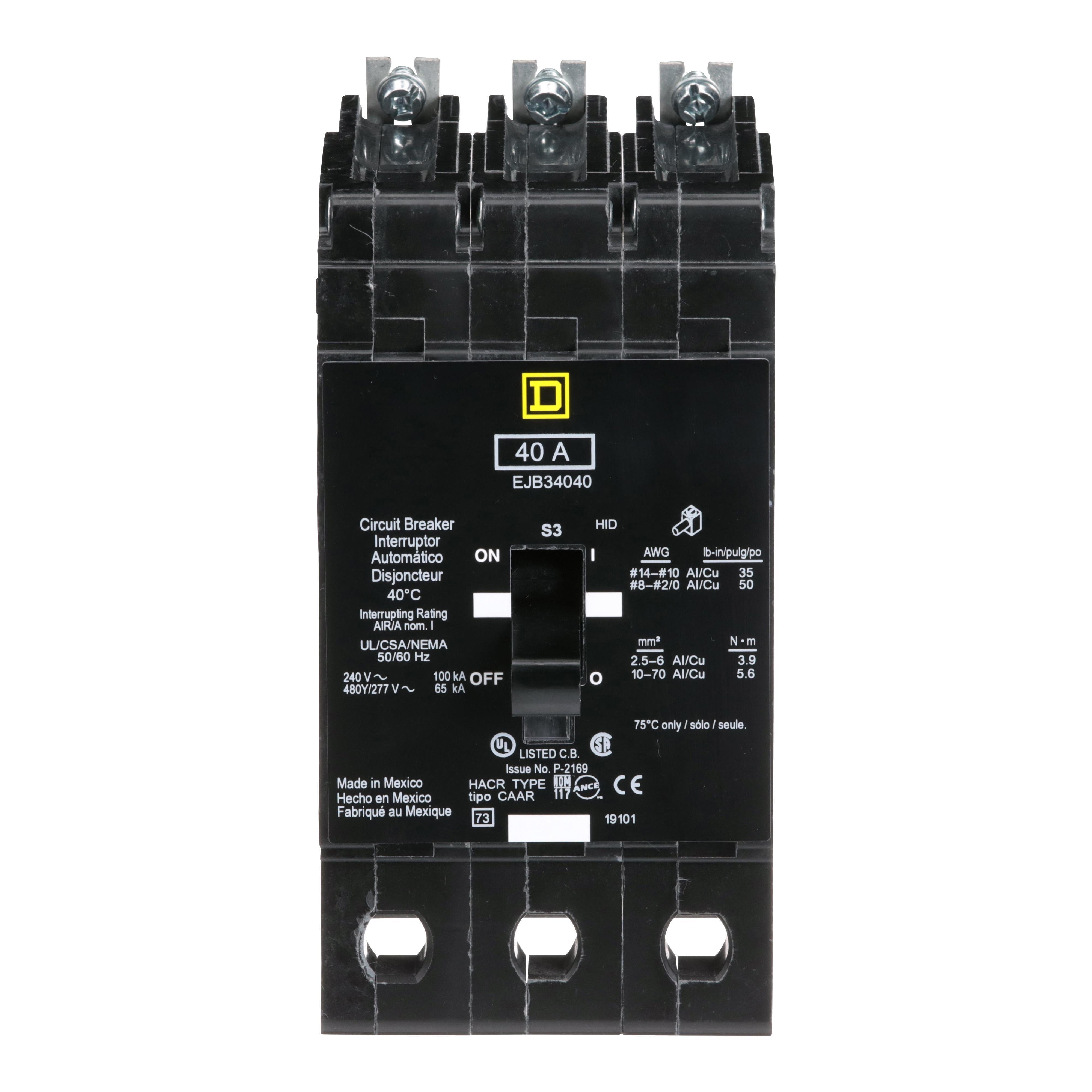 Picture of EJB34040 - Mini circuit breaker, E-Frame, 40A, 3 pole, 480Y/277VAC, 100kA max, bolt on [TAA]
