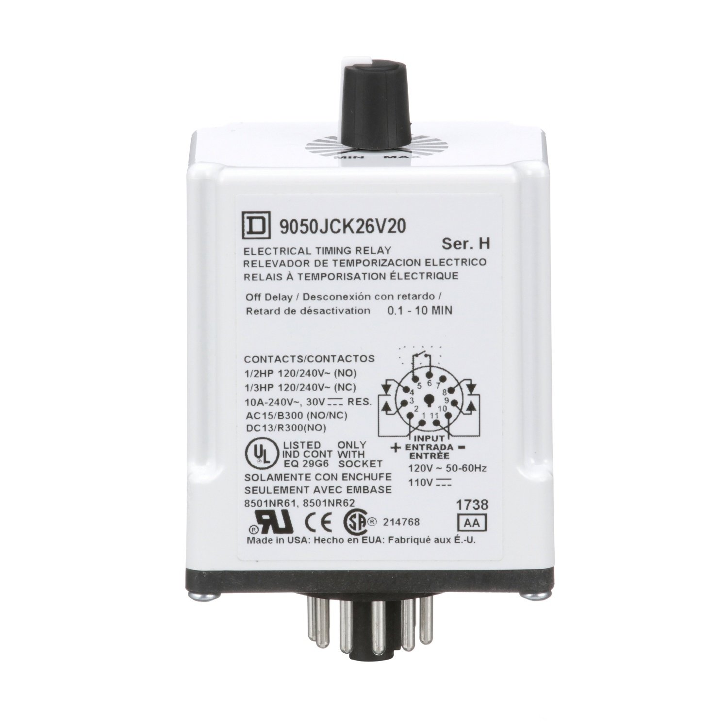 9050JCK26V20 - Timer, Harmony 9050 JCK, off delay, adjustable time, 0.1 to 10 minutes, 10A, 240V AC, 120V AC/110V DC